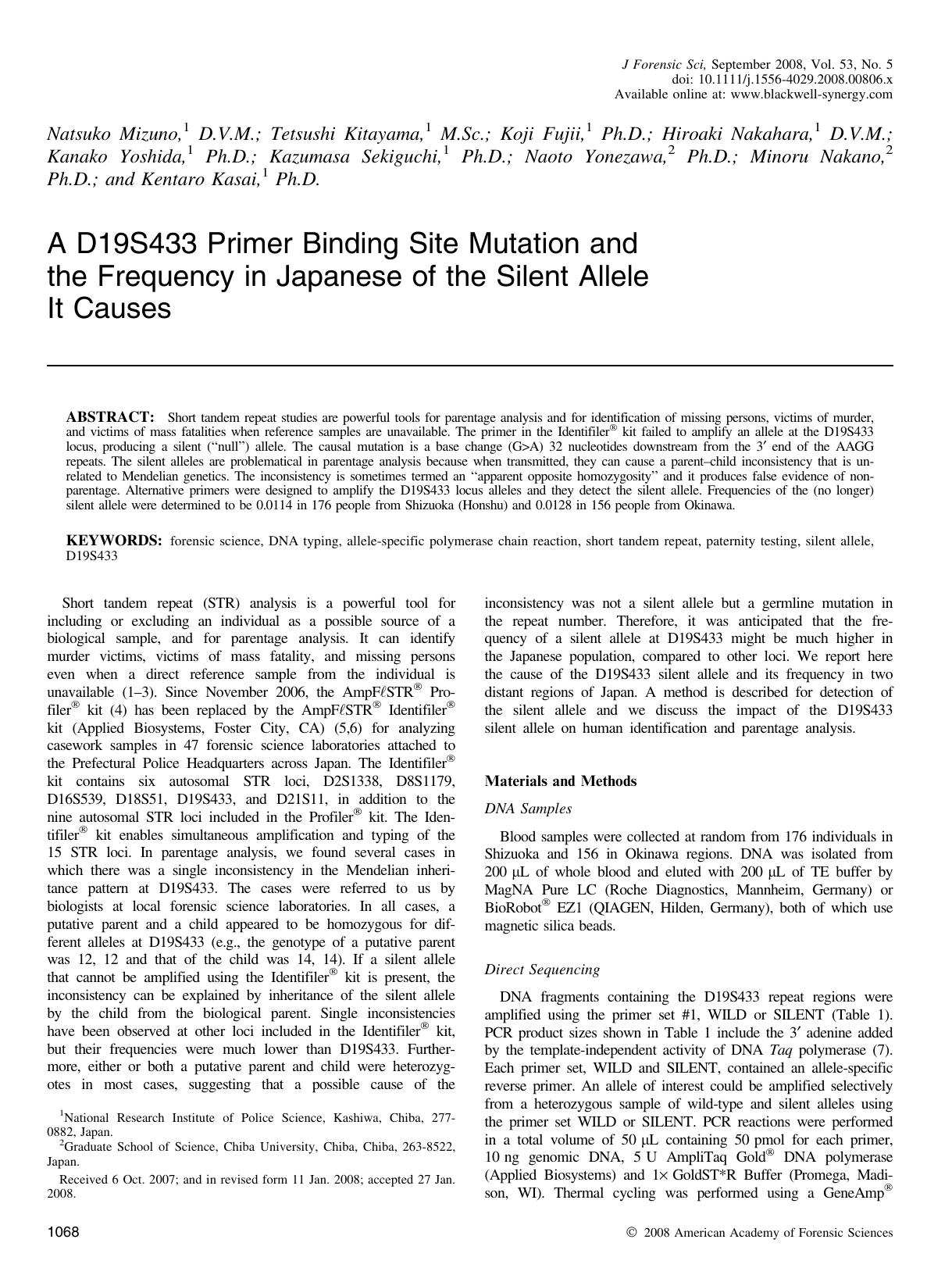 A D19S433 Primer Binding Site Mutation and the Frequency in Japanese of the Silent Allele It Causes by Unknown
