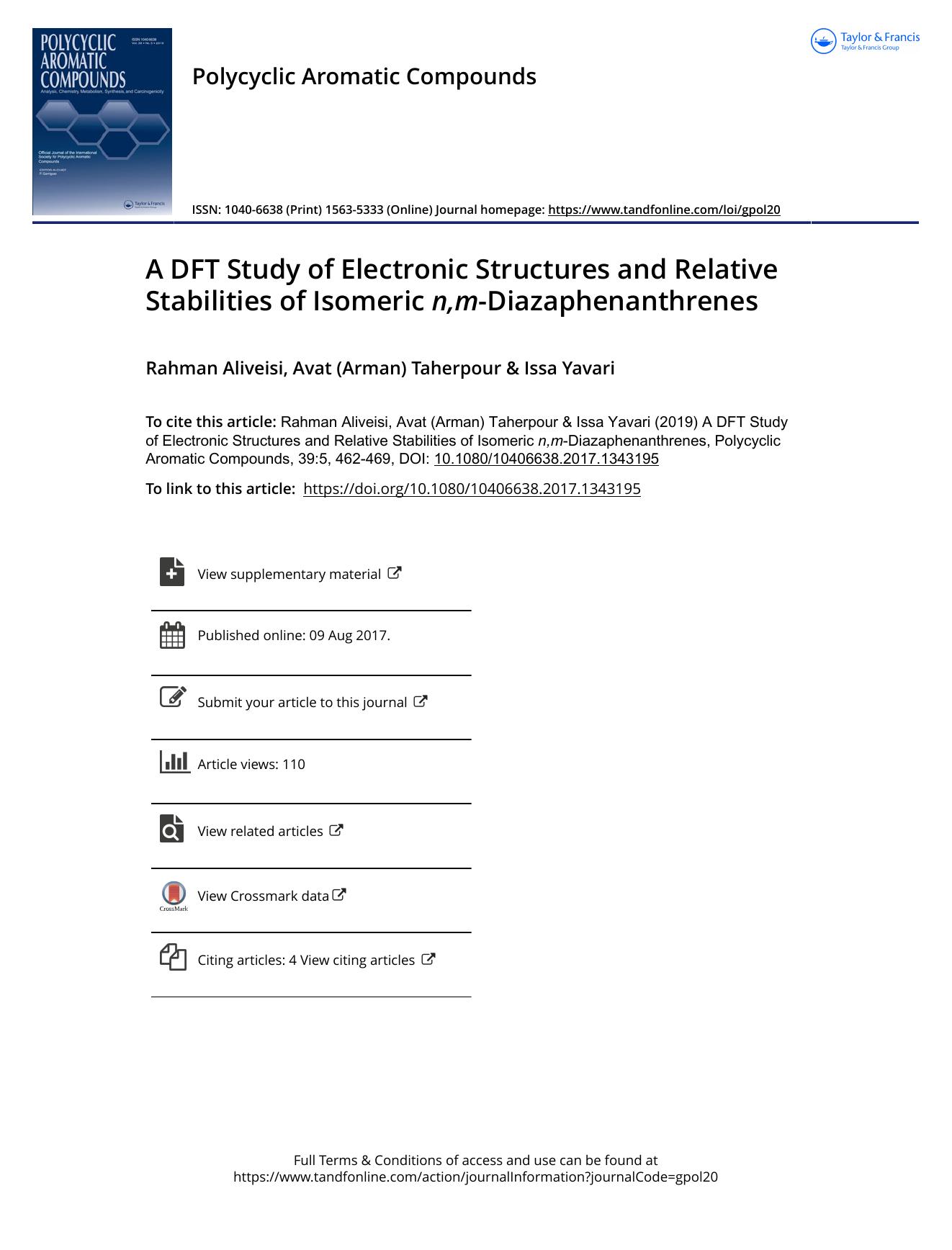 A DFT Study of Electronic Structures and Relative Stabilities of Isomeric n,m-Diazaphenanthrenes by Rahman Aliveisi & Avat (Arman) Taherpour & Issa Yavari