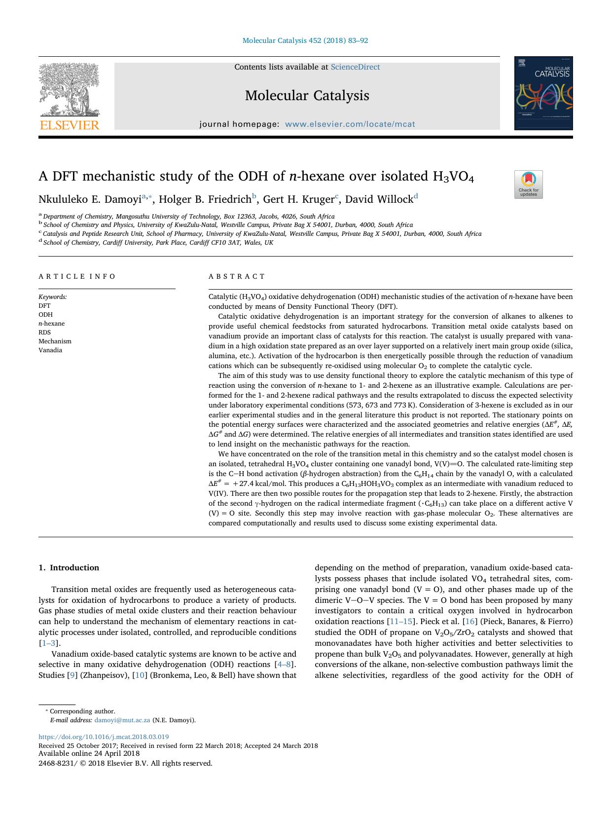 A DFT mechanistic study of the ODH of n-hexane over isolated H3VO4 by Nkululeko E. Damoyi & Holger B. Friedrich & Gert H. Kruger & David Willock