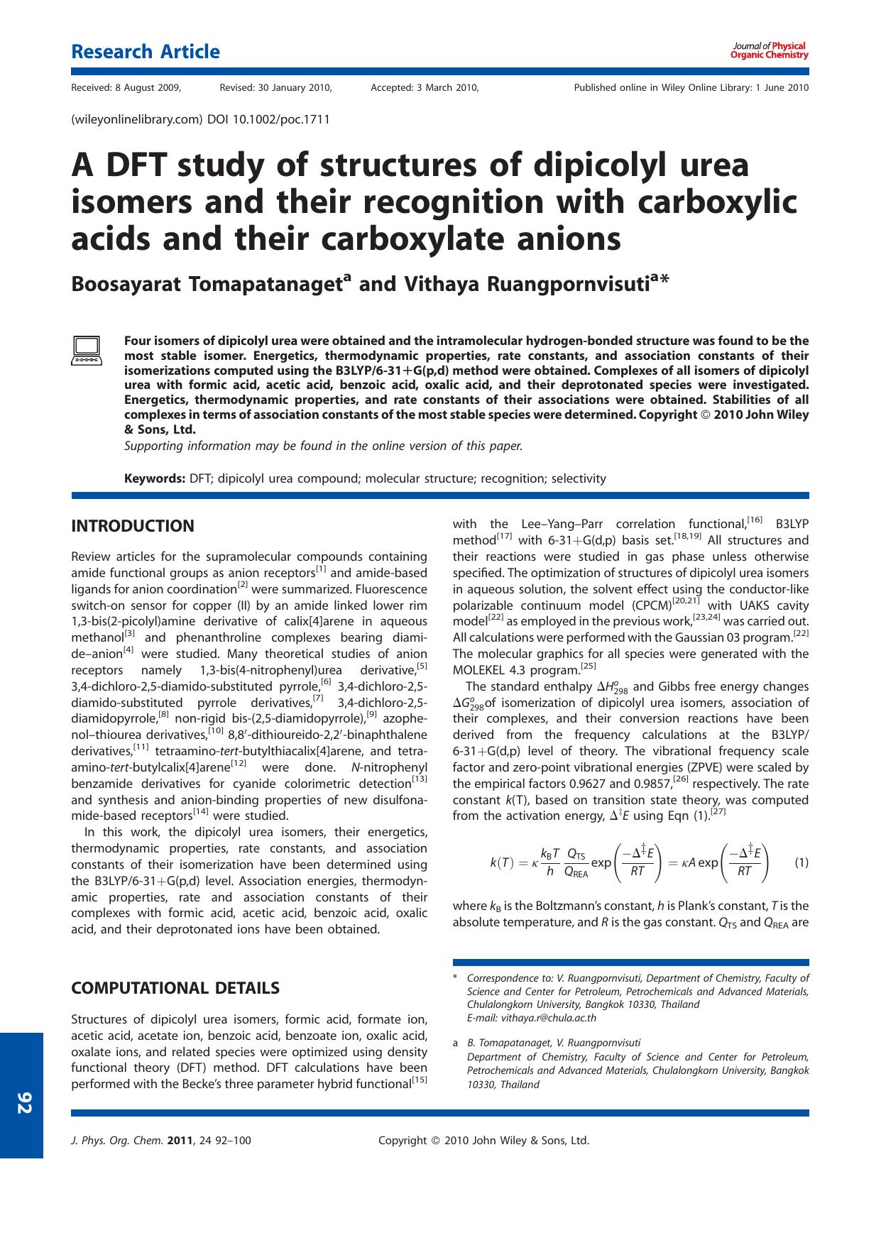 A DFT study of structures of dipicolyl urea isomers and their recognition with carboxylic acids and their carboxylate anions by Unknown