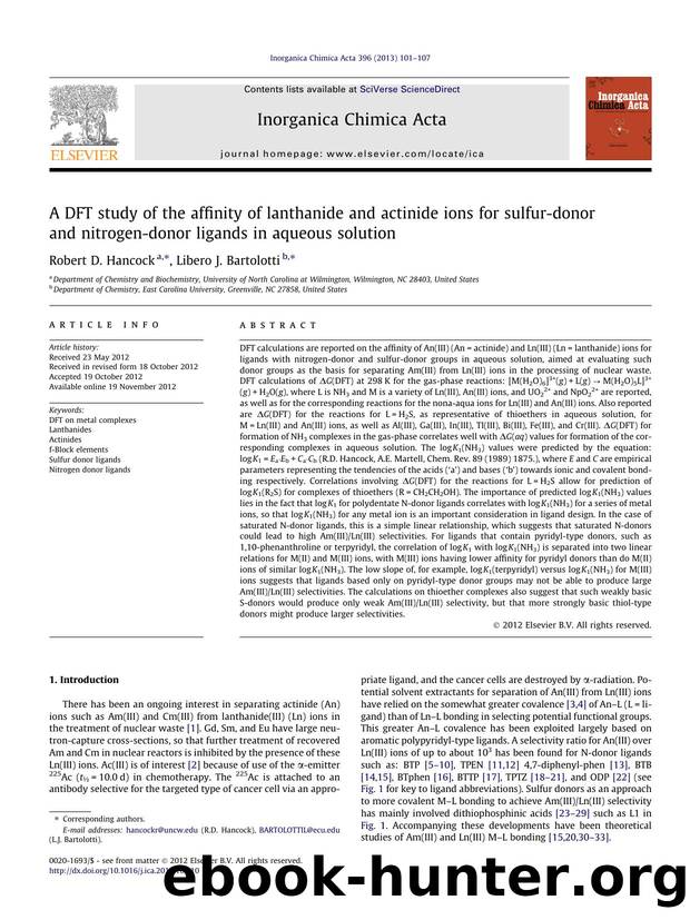 A DFT study of the affinity of lanthanide and actinide ions for sulfur-donor and nitrogen-donor ligands in aqueous solution by Robert D. Hancock & Libero J. Bartolotti