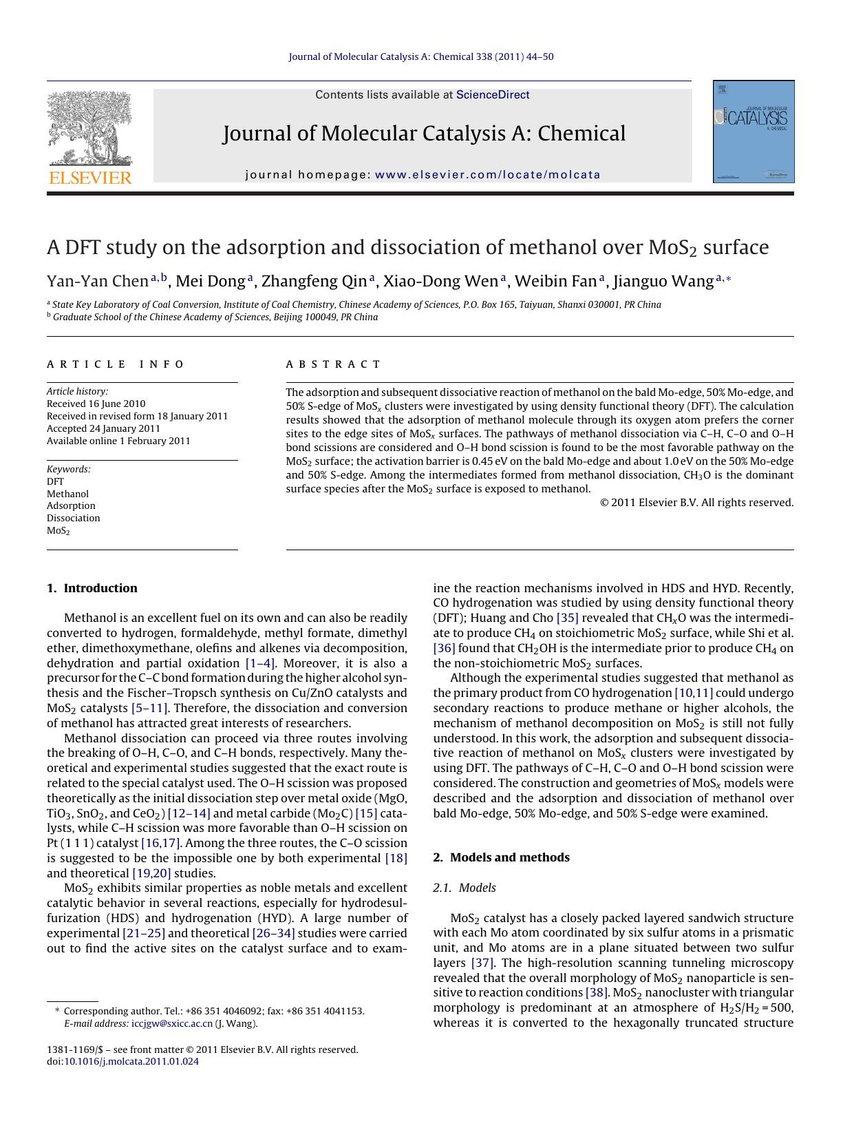 A DFT study on the adsorption and dissociation of methanol over MoS2 surface by Yan-Yan Chen
