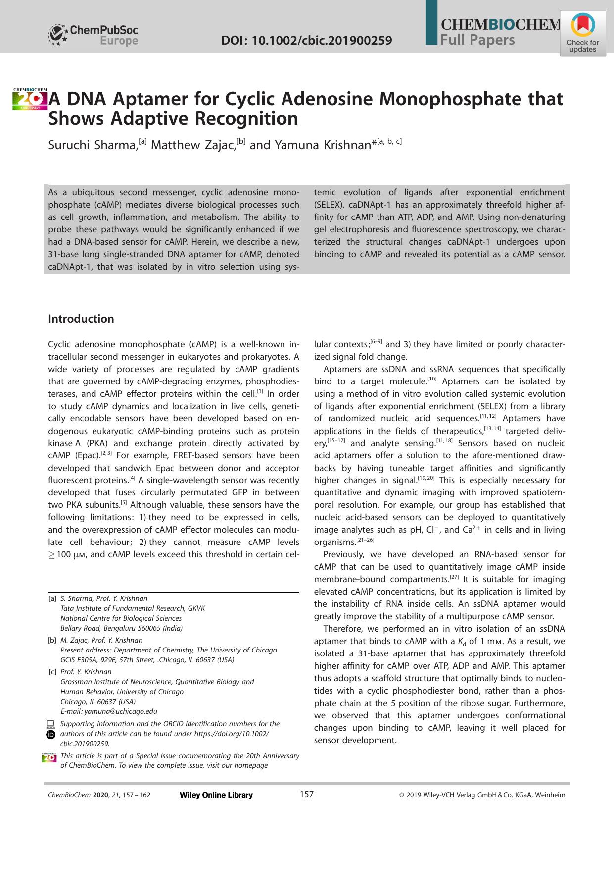 A DNA Aptamer for Cyclic Adenosine Monophosphate that Shows Adaptive Recognition by Unknown