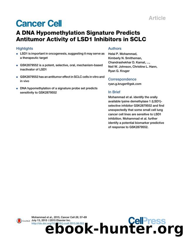 A DNA Hypomethylation Signature Predicts Antitumor Activity of LSD1 Inhibitors in SCLC by unknow