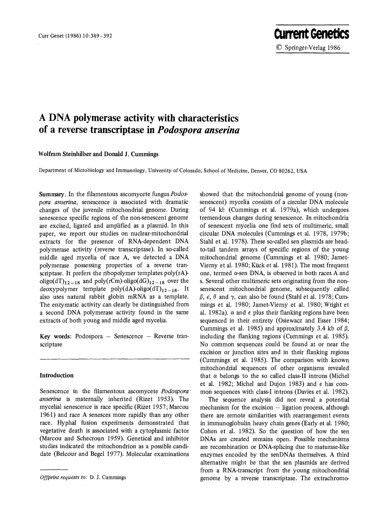 A DNA polymerase activity with characteristics of a reverse transcriptase in <Emphasis Type="Italic">Podospora anserina<Emphasis> by Unknown