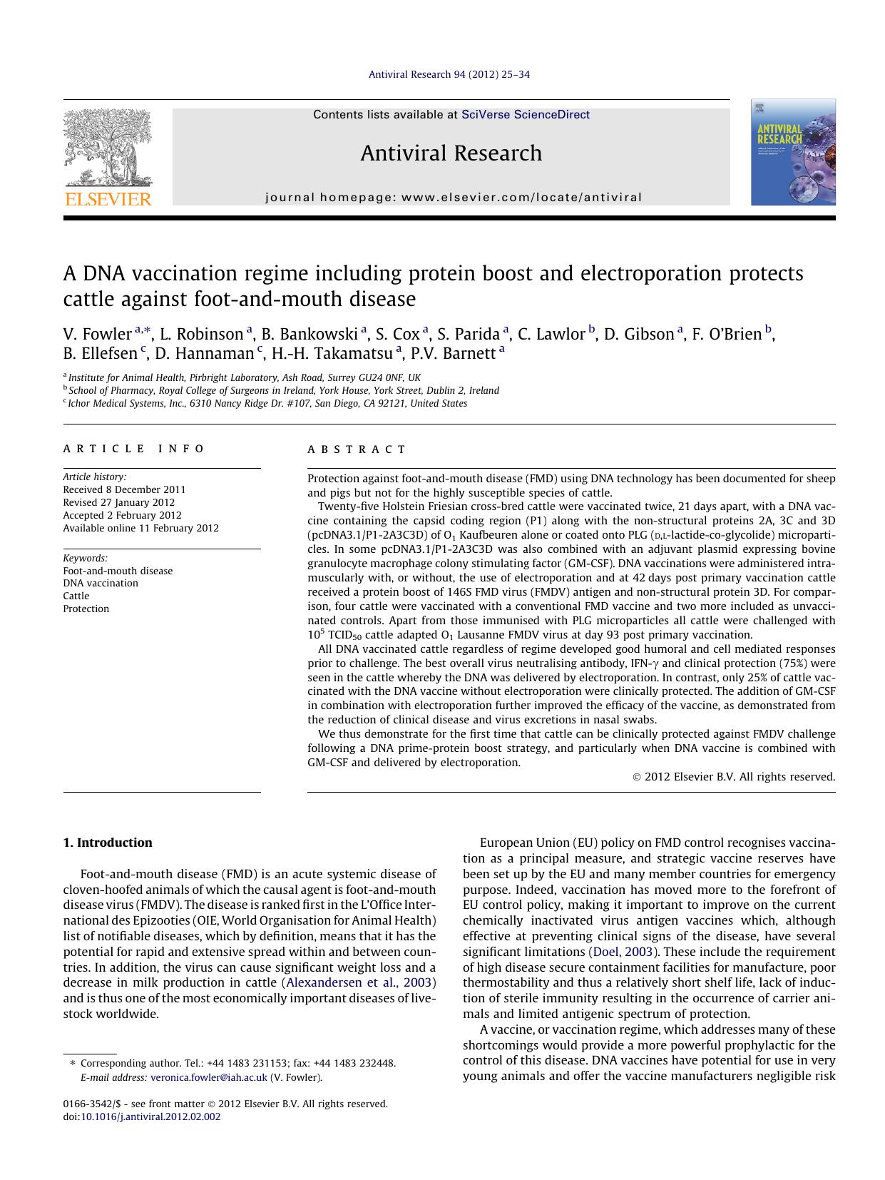 A DNA vaccination regime including protein boost and electroporation protects cattle against foot-and-mouth disease by unknow