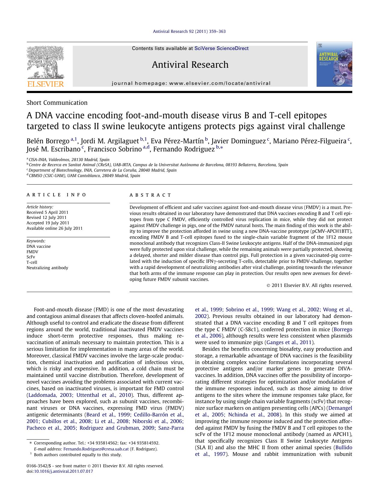 A DNA vaccine encoding foot-and-mouth disease virus B and T-cell epitopes targeted to class II swine leukocyte antigens protects pigs against viral challenge by unknow