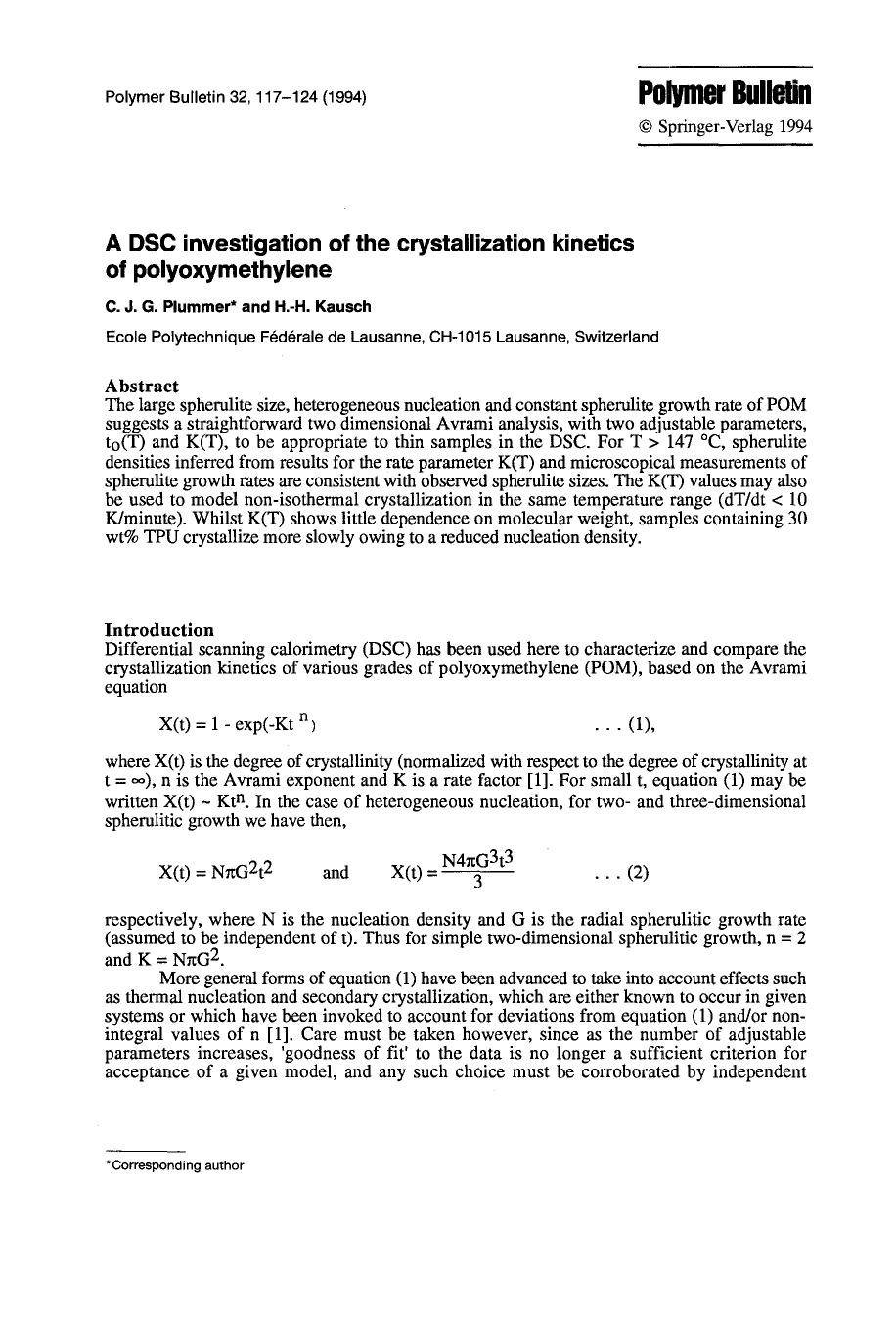 A DSC investigation of the crystallization kinetics of polyoxymethylene by Unknown