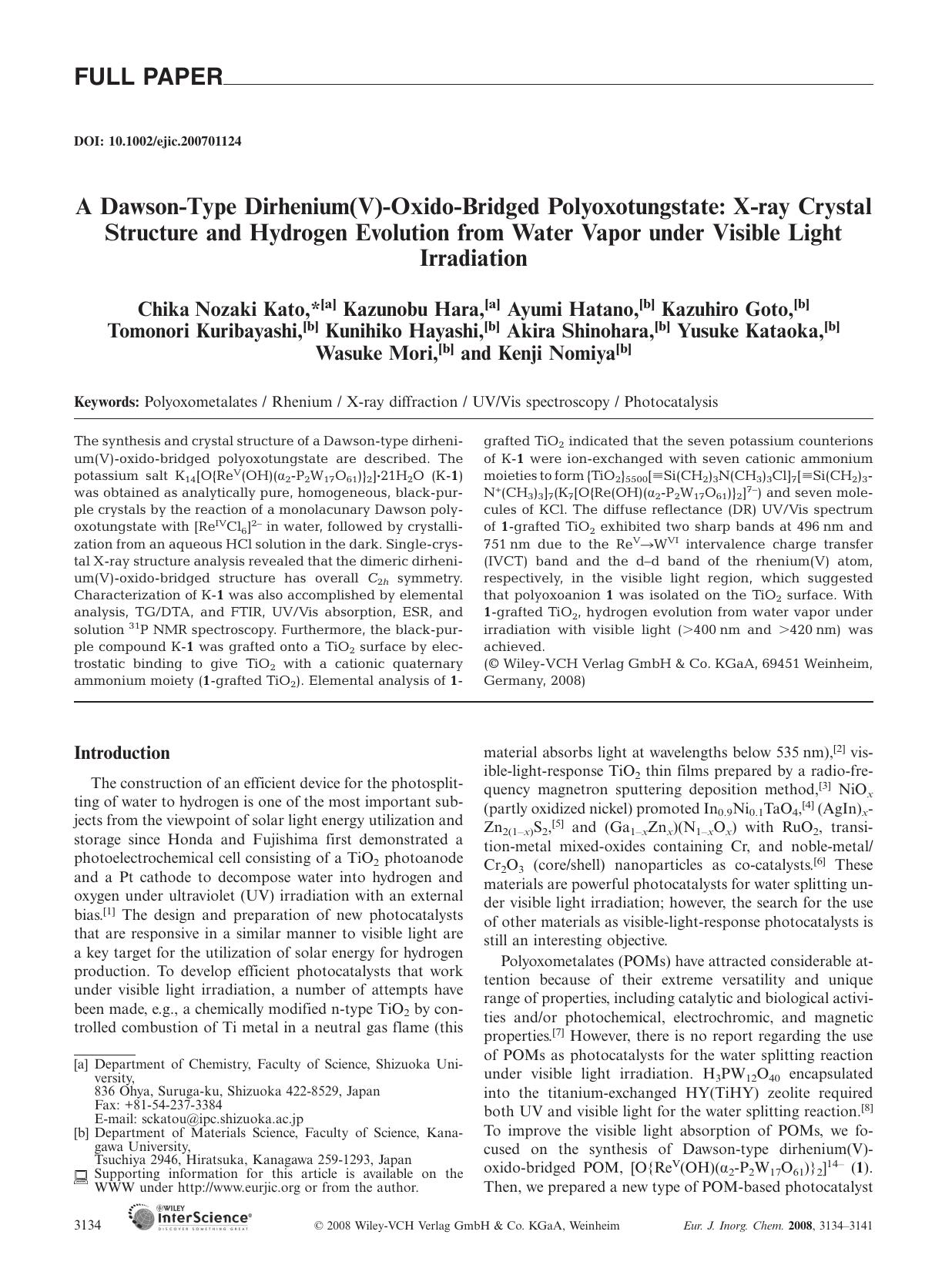 A Dawson-Type Dirhenium(V)-Oxido-Bridged Polyoxotungstate: X-ray Crystal Structure and Hydrogen Evolution from Water Vapor under Visible Light Irradiation by Unknown