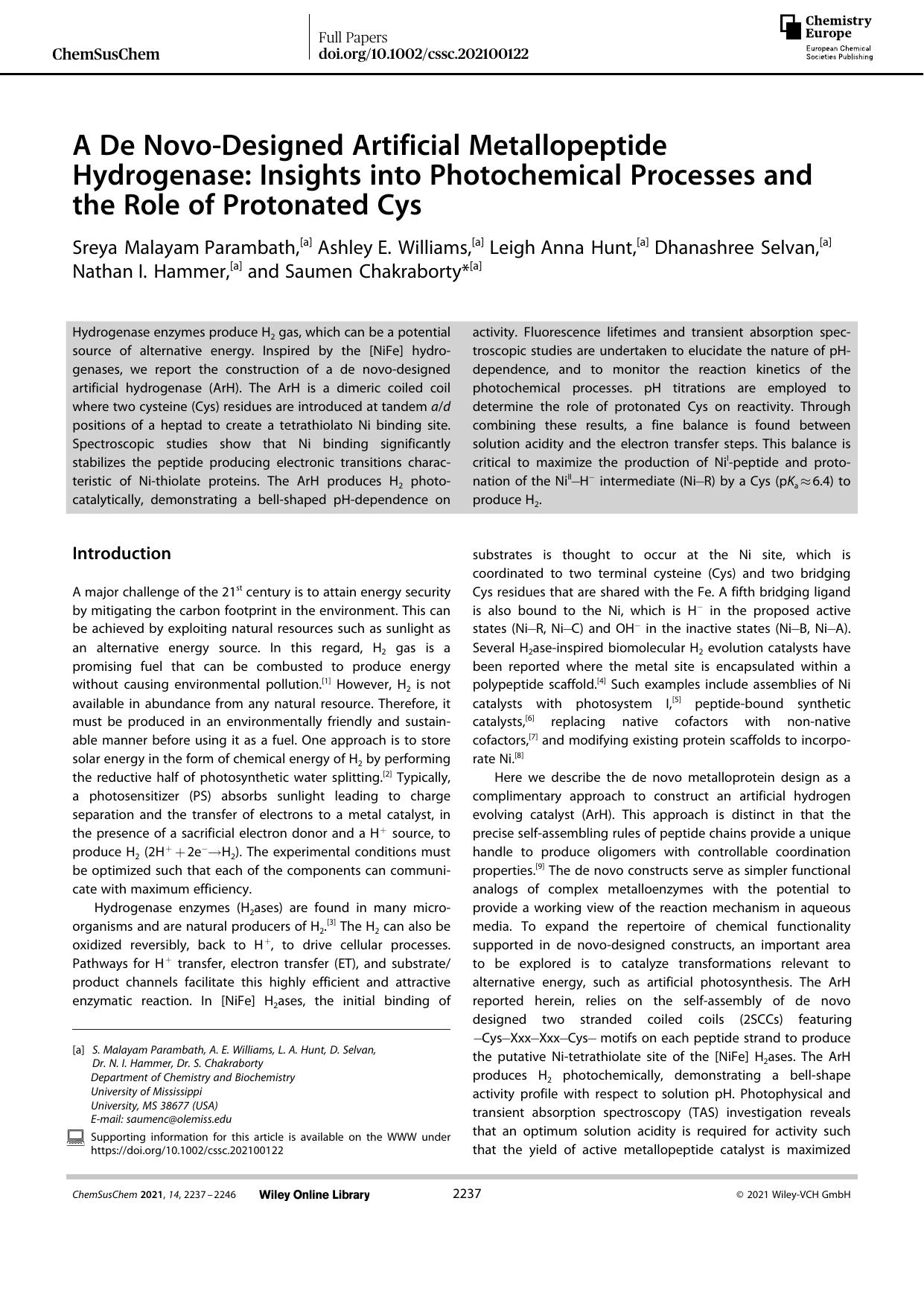 A De NovoâDesigned Artificial Metallopeptide Hydrogenase: Insights into Photochemical Processes and the Role of Protonated Cys by Unknown
