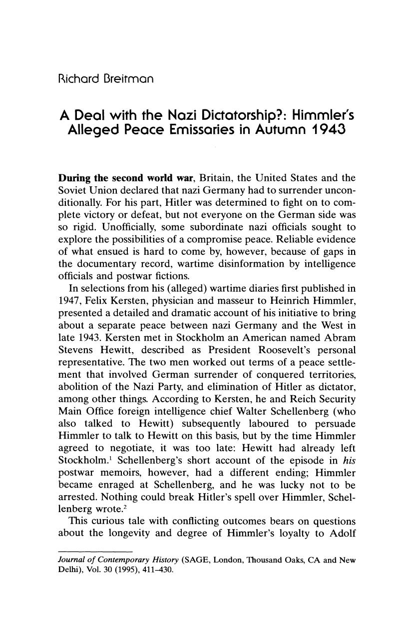 A Deal with the Nazi Dictatorship; Himmler's Alleged Peace Emissaries in Autumn 1943 by Unknown