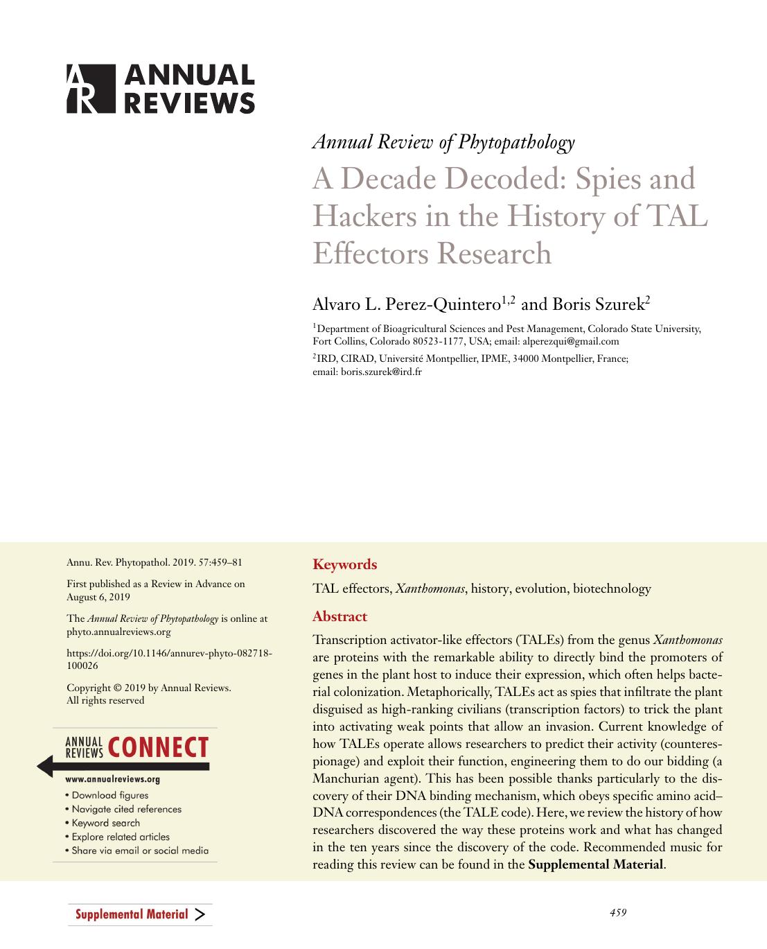 A Decade Decoded: Spies and Hackers in the History of TAL Effectors Research by Alvaro L. Perez-Quintero and Boris Szurek