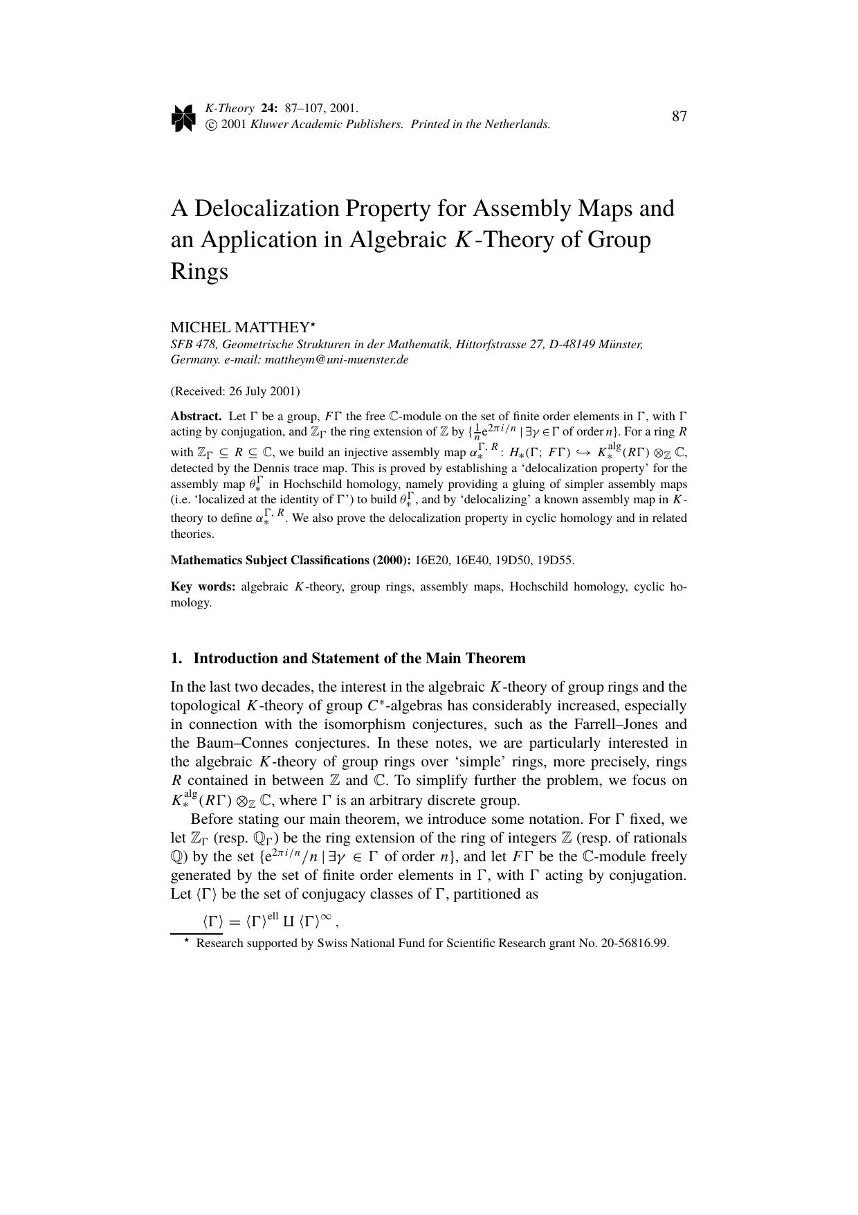 A Delocalization Property for Assembly Maps and an Application in Algebraic K-Theory of Group Rings by Unknown