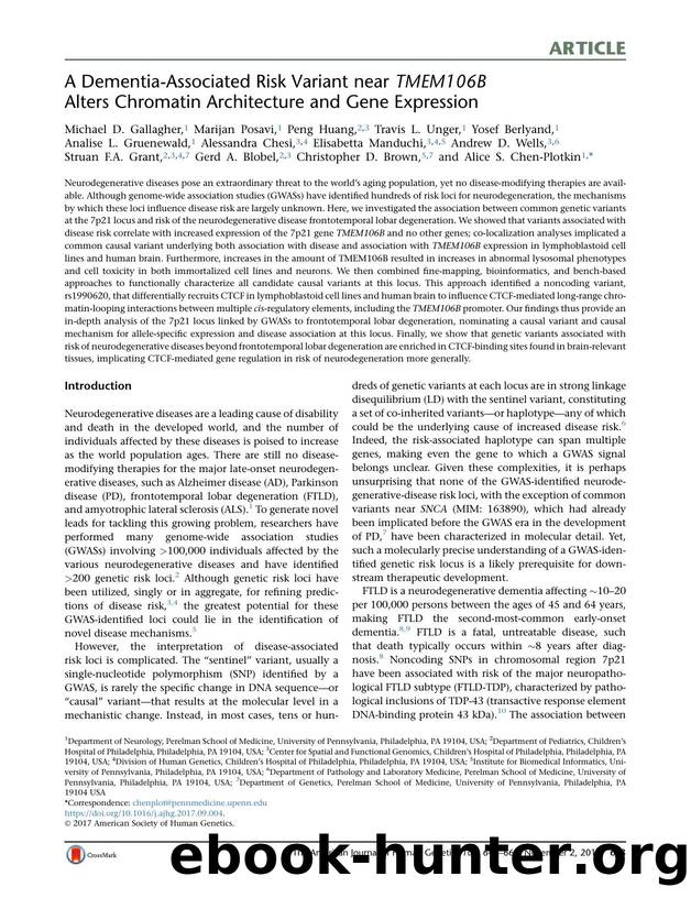 A Dementia-Associated Risk Variant near TMEM106B Alters Chromatin Architecture and Gene Expression by unknow