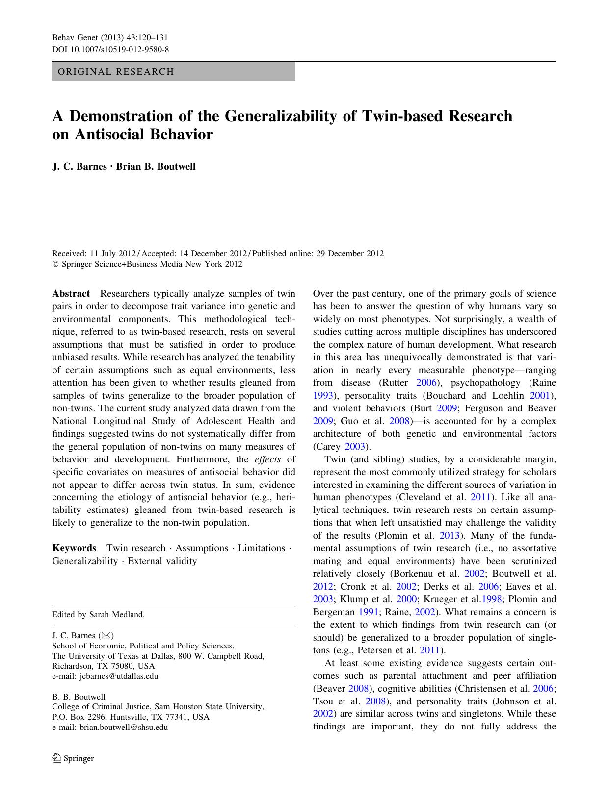 A Demonstration of the Generalizability of Twin-based Research on Antisocial Behavior (2013) by James C. Barnes & Brian B. Boutwell by Unknown