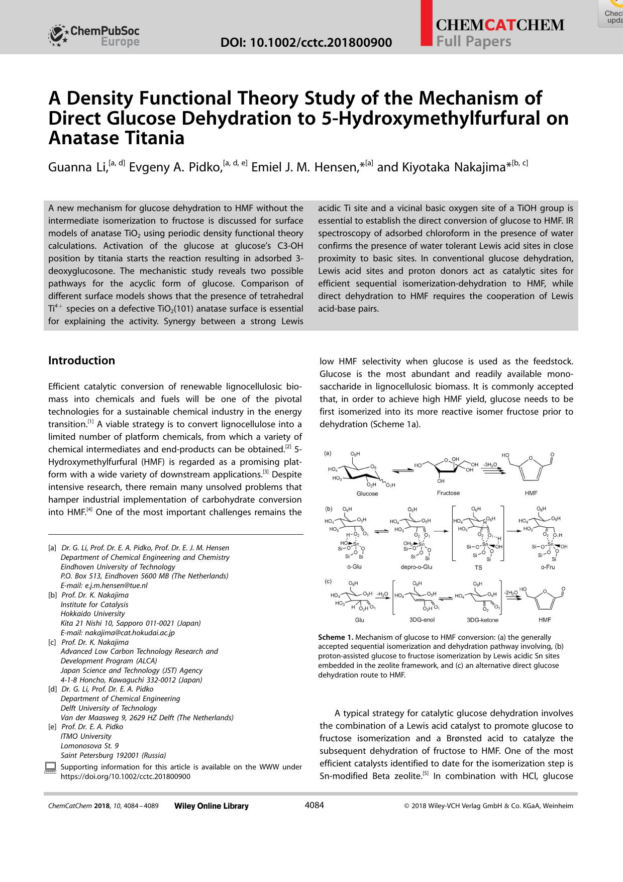 A Density Functional Theory Study of the Mechanism of Direct Glucose Dehydration to 5âHydroxymethylfurfural on Anatase Titania by Unknown