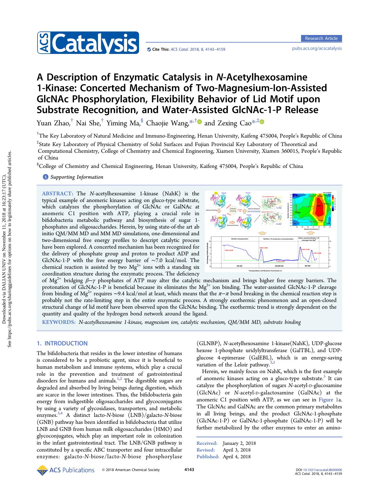A Description of Enzymatic Catalysis in N-Acetylhexosamine 1-Kinase: Concerted Mechanism of Two-Magnesium-Ion-Assisted GlcNAc Phosphorylation, Flexibility Behavior of Lid Motif upo by Yuan Zhao & Nai She & Yiming Ma & Chaojie Wang & Zexing Cao