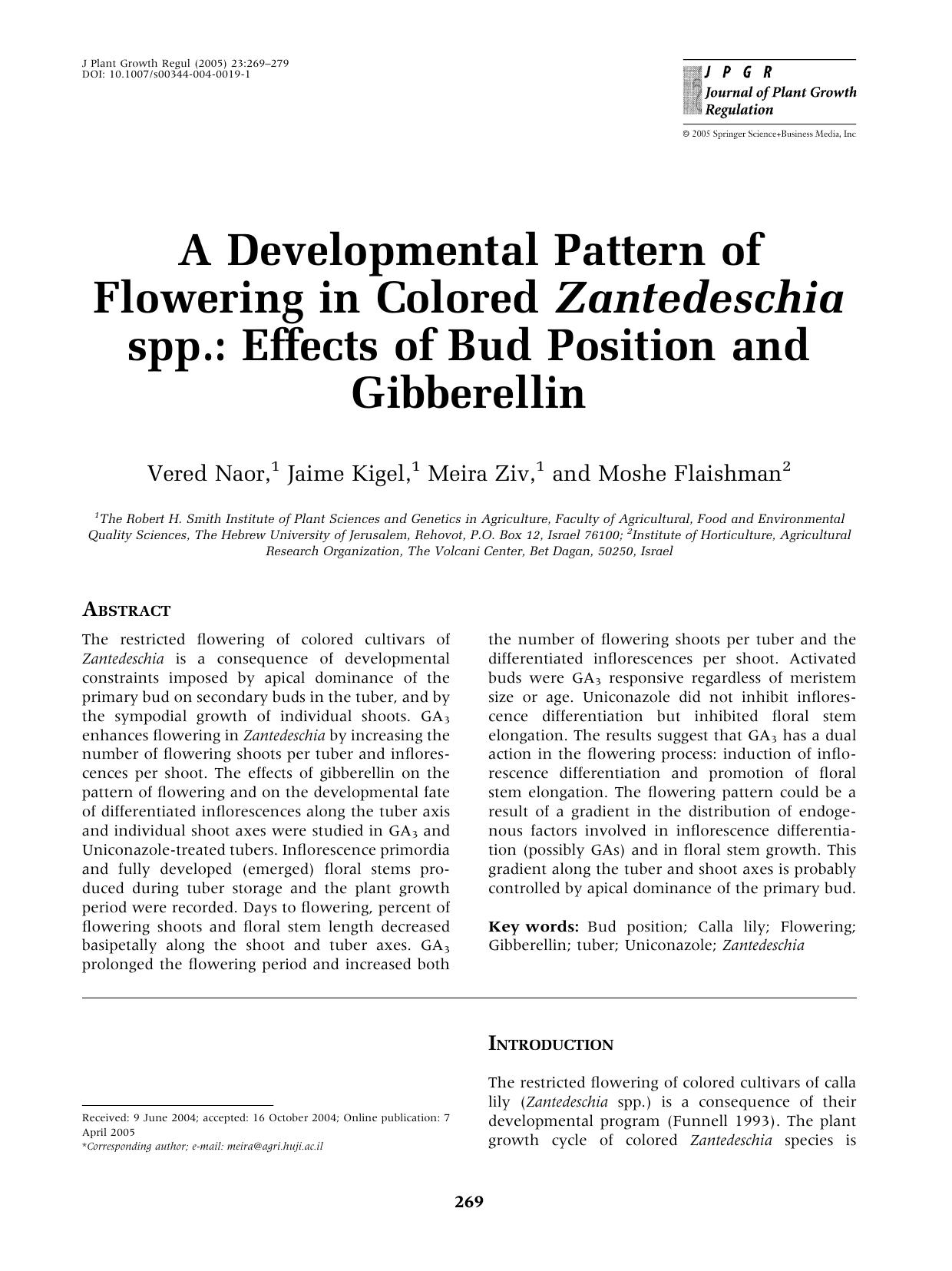 A Developmental Pattern of Flowering in Colored Zantedeschia spp.: Effects of Bud Position and Gibberellin by Naor V. et al