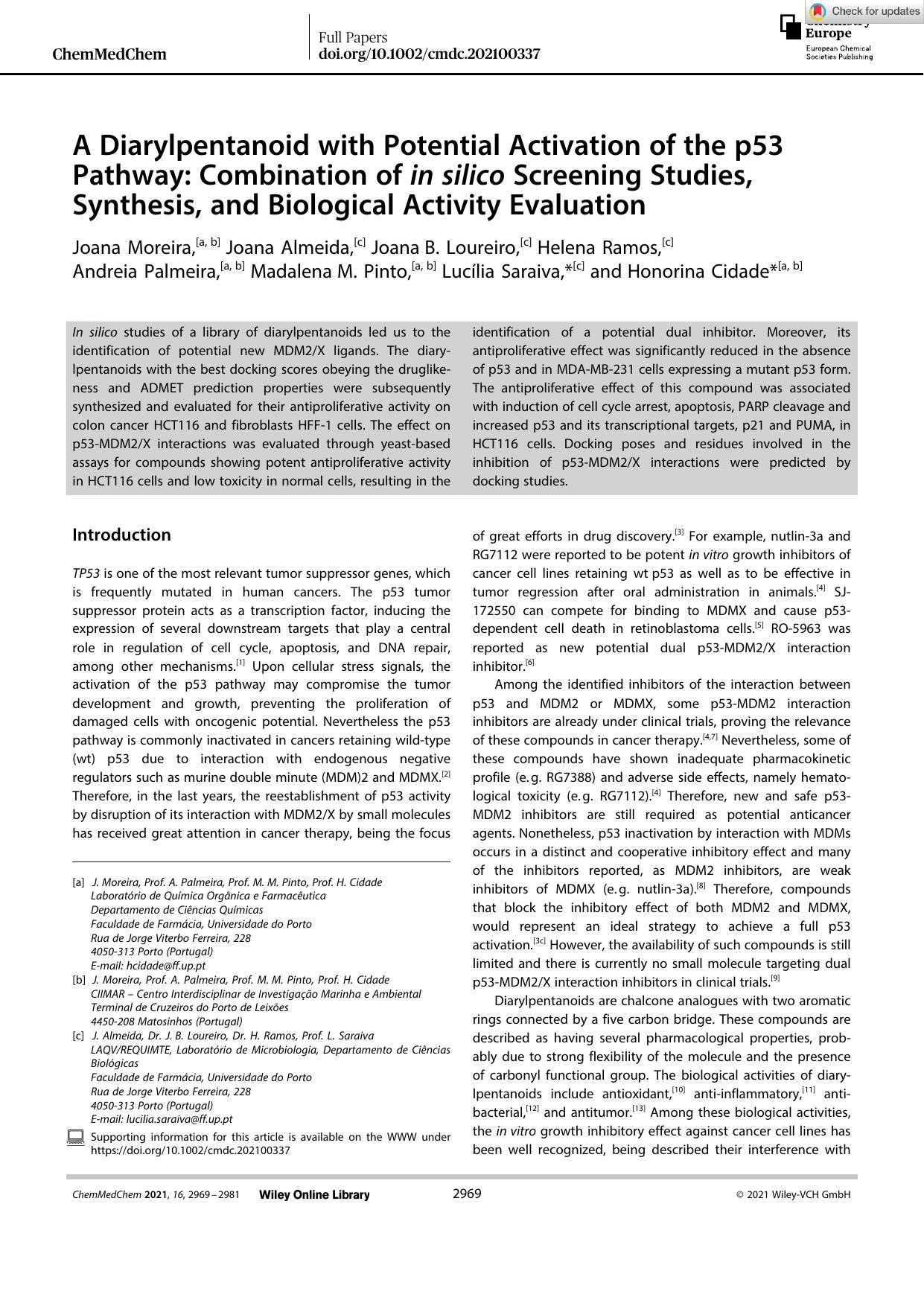 A Diarylpentanoid with Potential Activation of the p53 Pathway: Combination of in silico Screening Studies, Synthesis, and Biological Activity Evaluation by Unknown