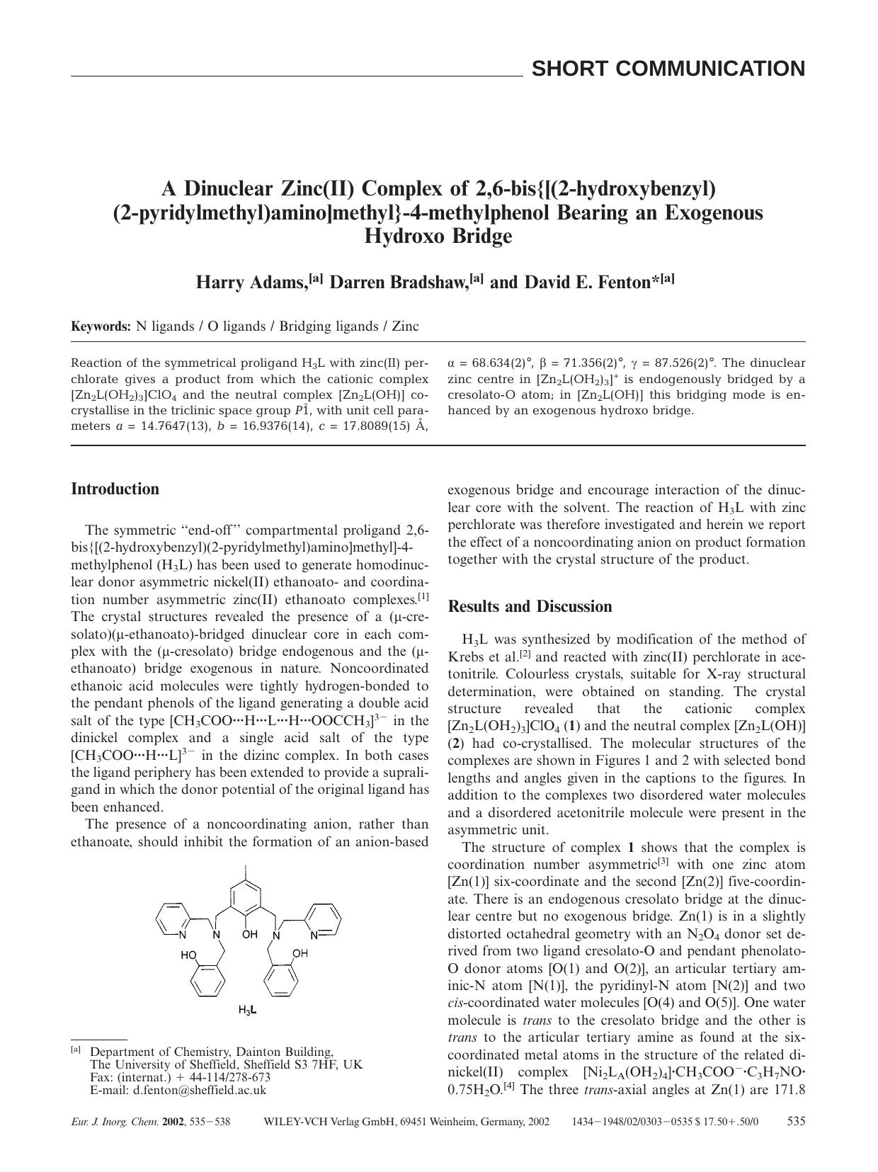 A Dinuclear Zinc(II) Complex of 2,6-bis{[(2-hydroxybenzyl)(2-pyridylmethyl)amino]methyl}-4-methylphenol Bearing an Exogenous Hydroxo Bridge by Unknown