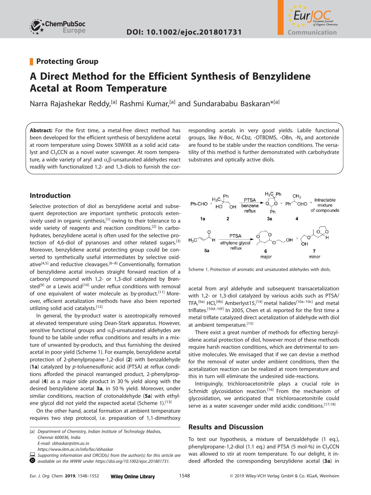 A Direct Method for the Efficient Synthesis of Benzylidene Acetal at Room Temperature by Unknown