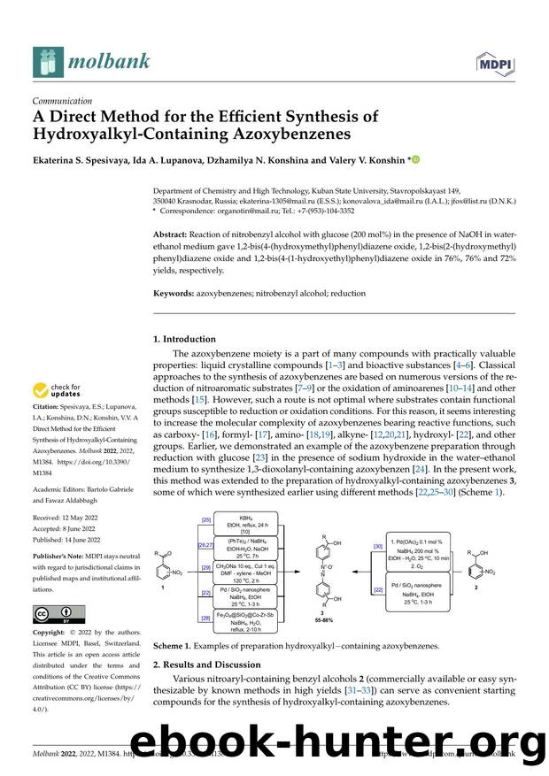 A Direct Method for the Efficient Synthesis of Hydroxyalkyl-Containing Azoxybenzenes by Ekaterina S. Spesivaya Ida A. Lupanova Dzhamilya N. Konshina & Valery V. Konshin
