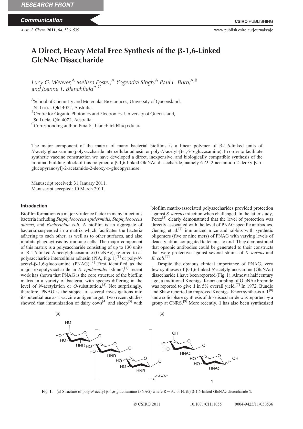 A Direct, Heavy Metal Free Synthesis of the beta-1,6-Linked GlcNAc Disaccharide by L. G. Weaver et al
