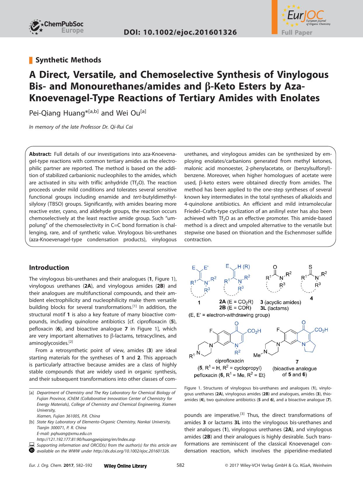 A Direct, Versatile, and Chemoselective Synthesis of Vinylogous Bis&#x02010; and Monourethanesamides and &#x003B2;&#x02010;Keto Esters by Aza&#x02010;Knoevenagel&#x02010;Type React by Unknown