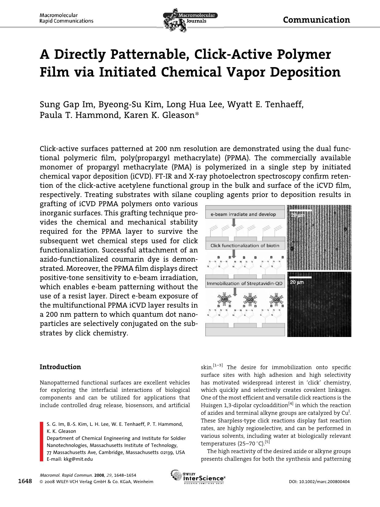 A Directly Patternable, Click-Active Polymer Film via Initiated Chemical Vapor Deposition by Unknown
