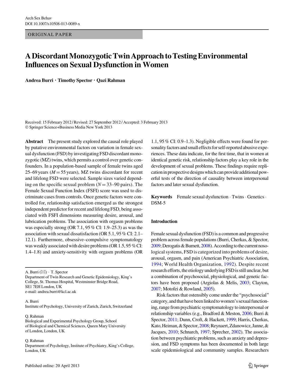 A Discordant Monozygotic Twin Approach to Testing Environmental Influences on Sexual Dysfunction in Women (2013) by Andrea Burri, Timothy Spector & Qazi Rahman by Unknown