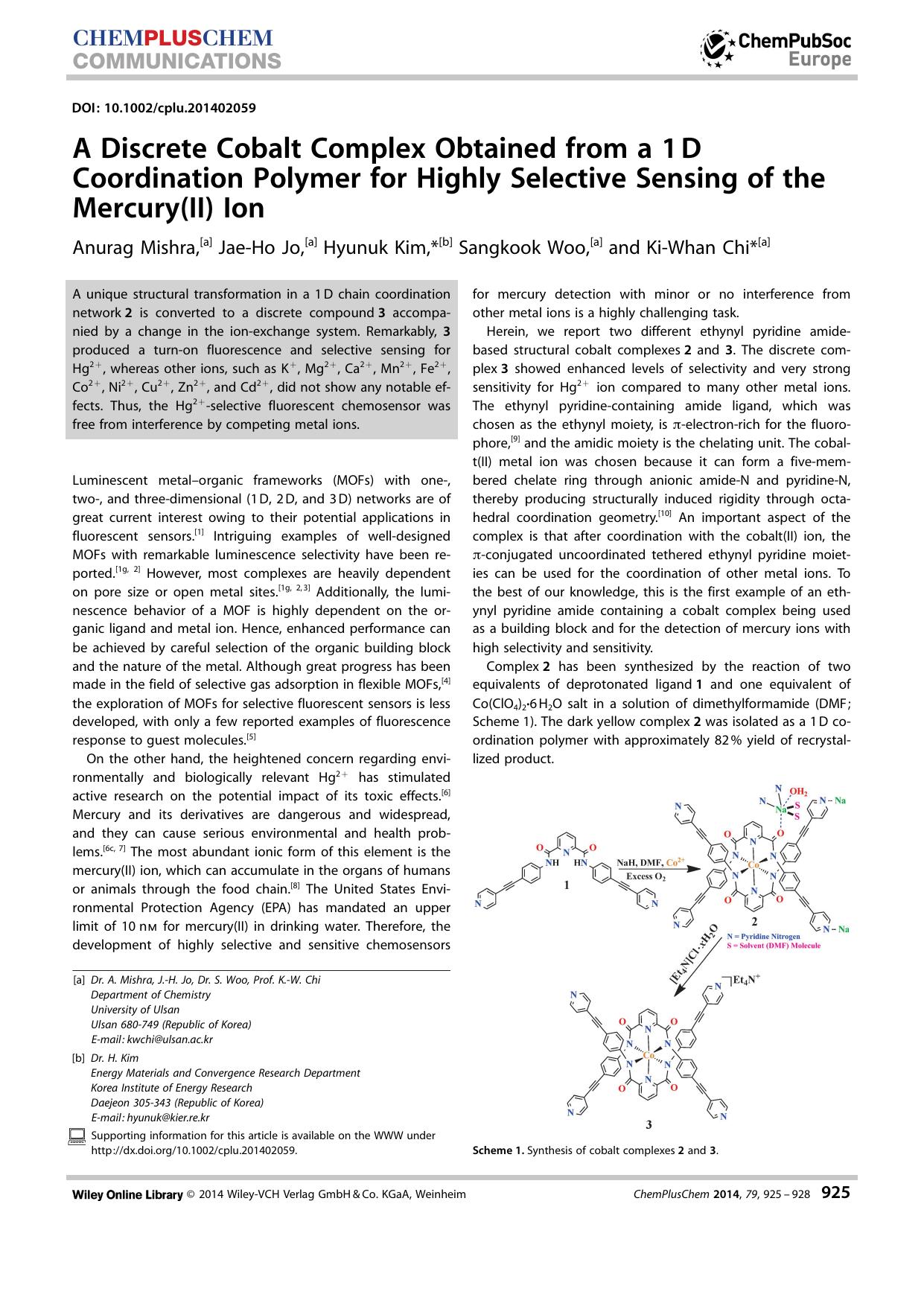 A Discrete Cobalt Complex Obtained from a 1D Coordination Polymer for Highly Selective Sensing of the Mercury(II) Ion by Unknown