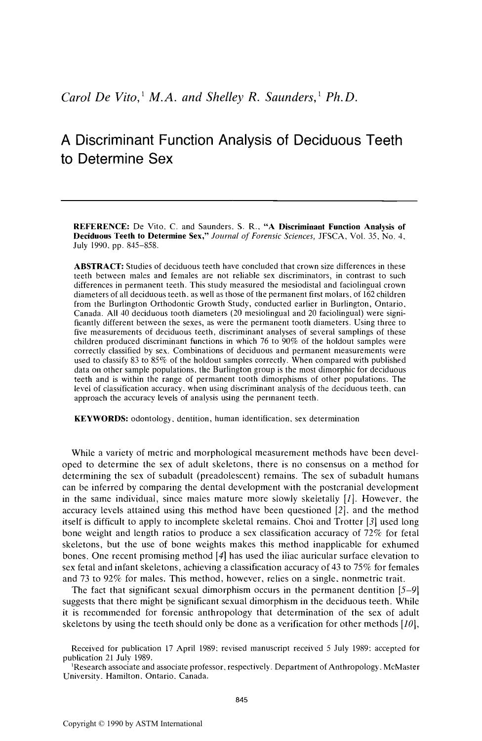 A Discriminant Function Analysis of Deciduous Teeth to Determine Sex by De Vito C Saunders SR