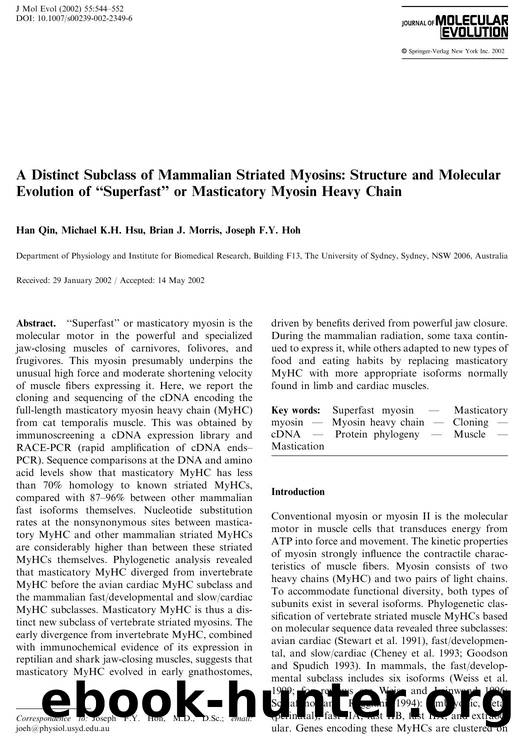 A Distinct Subclass of Mammalian Striated Myosins: Structure and Molecular Evolution of ''Superfast'' or Masticatory Myosin Heavy Chain by Qin H. et al