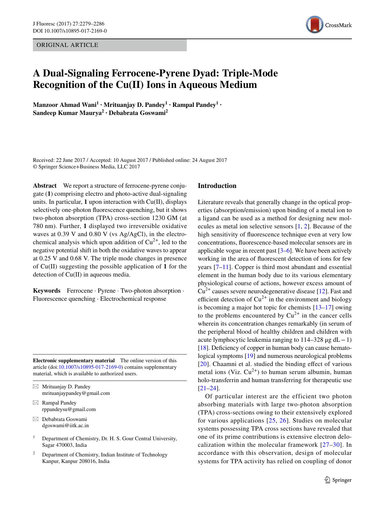 A Dual-Signaling Ferrocene-Pyrene Dyad: Triple-Mode Recognition of the Cu(II) Ions in Aqueous Medium by Manzoor Ahmad Wani