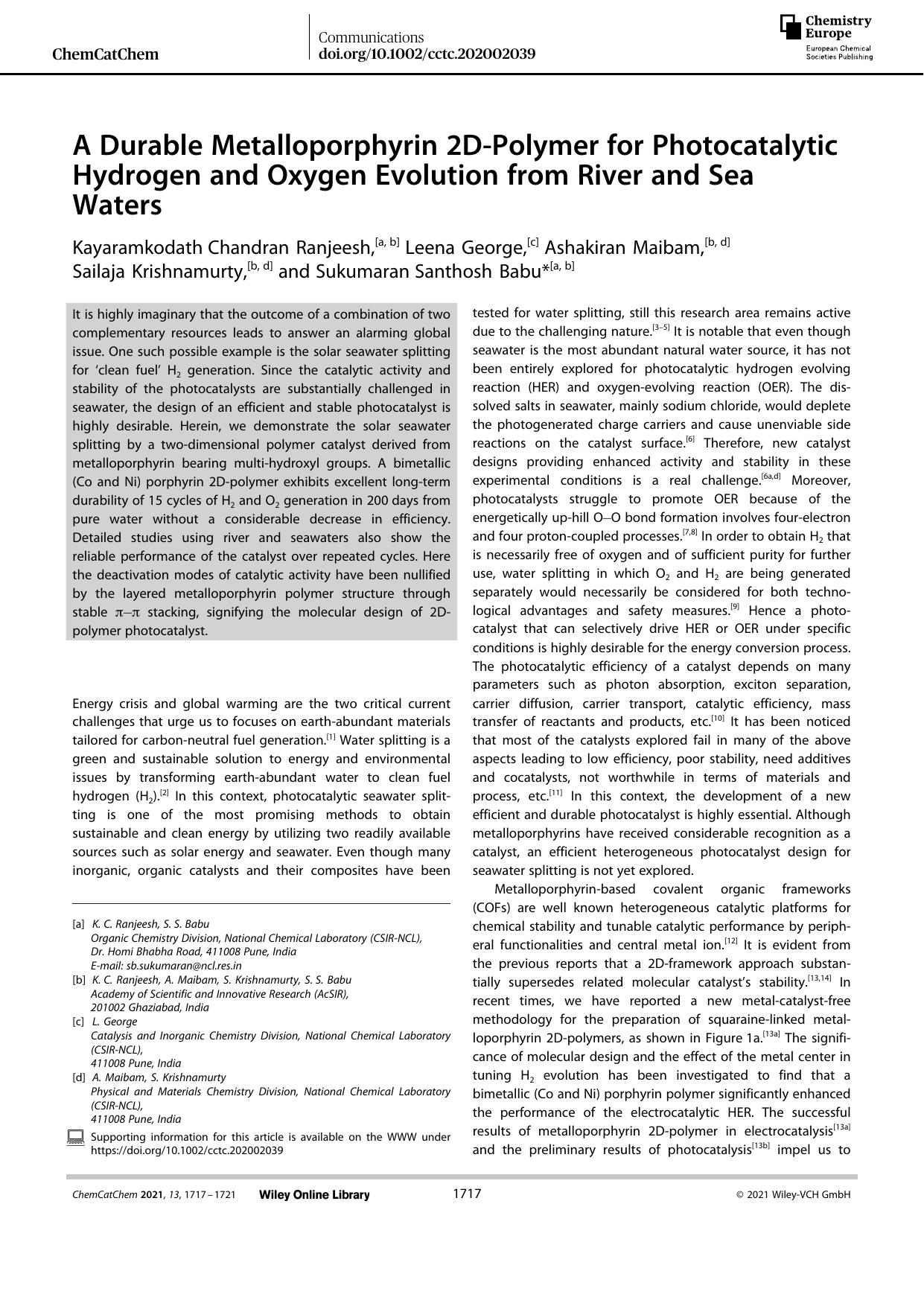 A Durable Metalloporphyrin 2DâPolymer for Photocatalytic Hydrogen and Oxygen Evolution from River and Sea Waters by Unknown