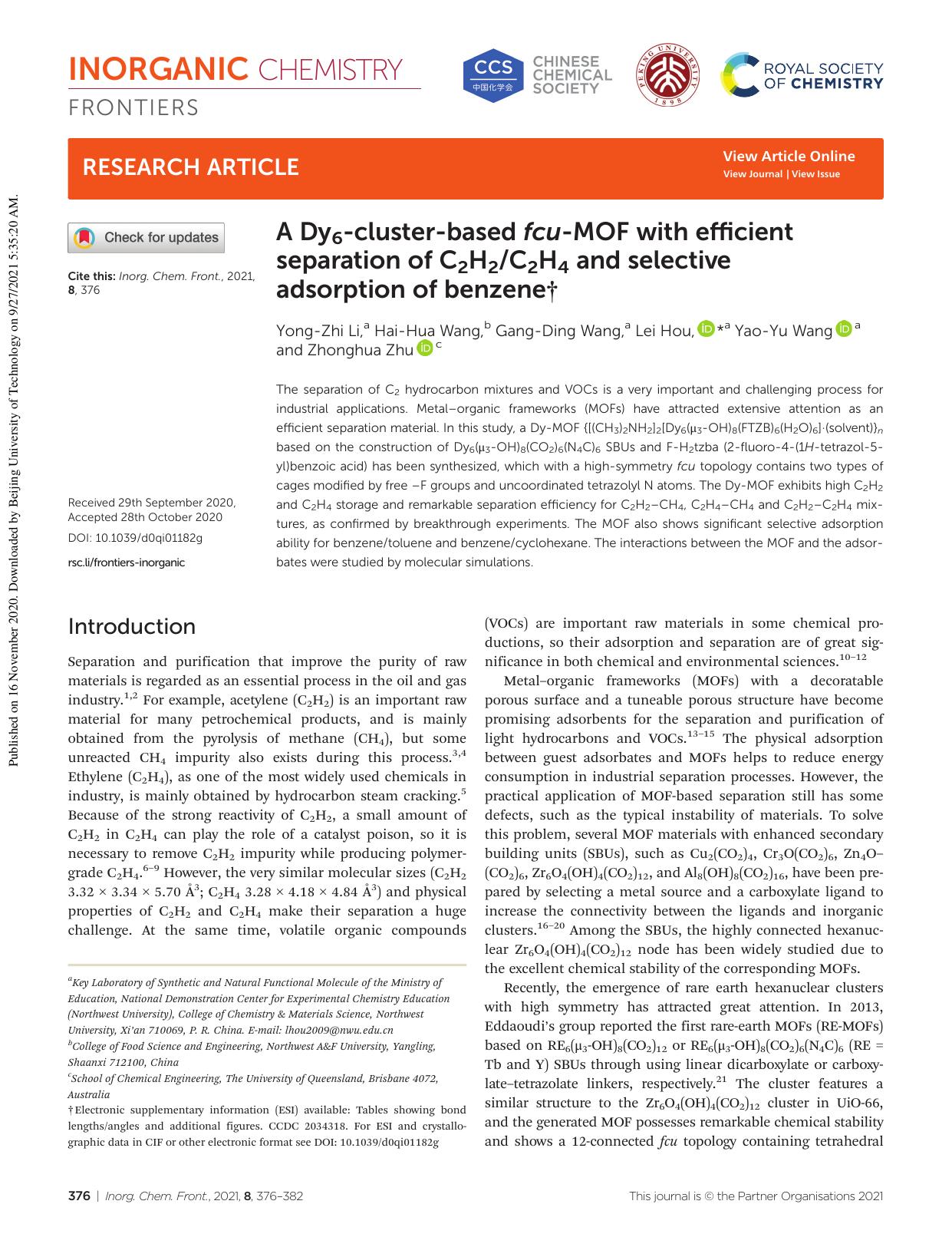 A Dy6-cluster-based fcu-MOF with efficient separation of C2H2C2H4 and selective adsorption of benzene by Yong-Zhi Li Hai-Hua Wang Gang-Ding Wang Lei Hou Yao-Yu Wang Zhonghua Zhu