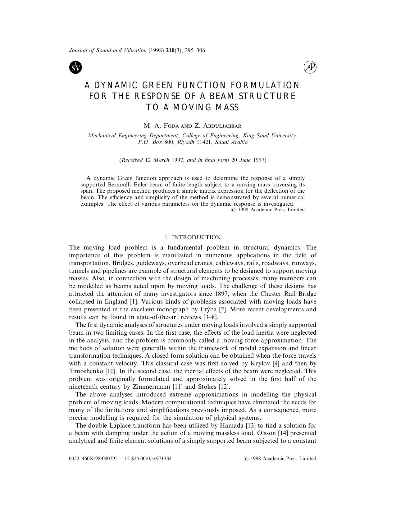 A Dynamic Green Function Formulation for the Response of a Beam Structure to a Moving Mass by Foda M. A. & Abduljabbar Z