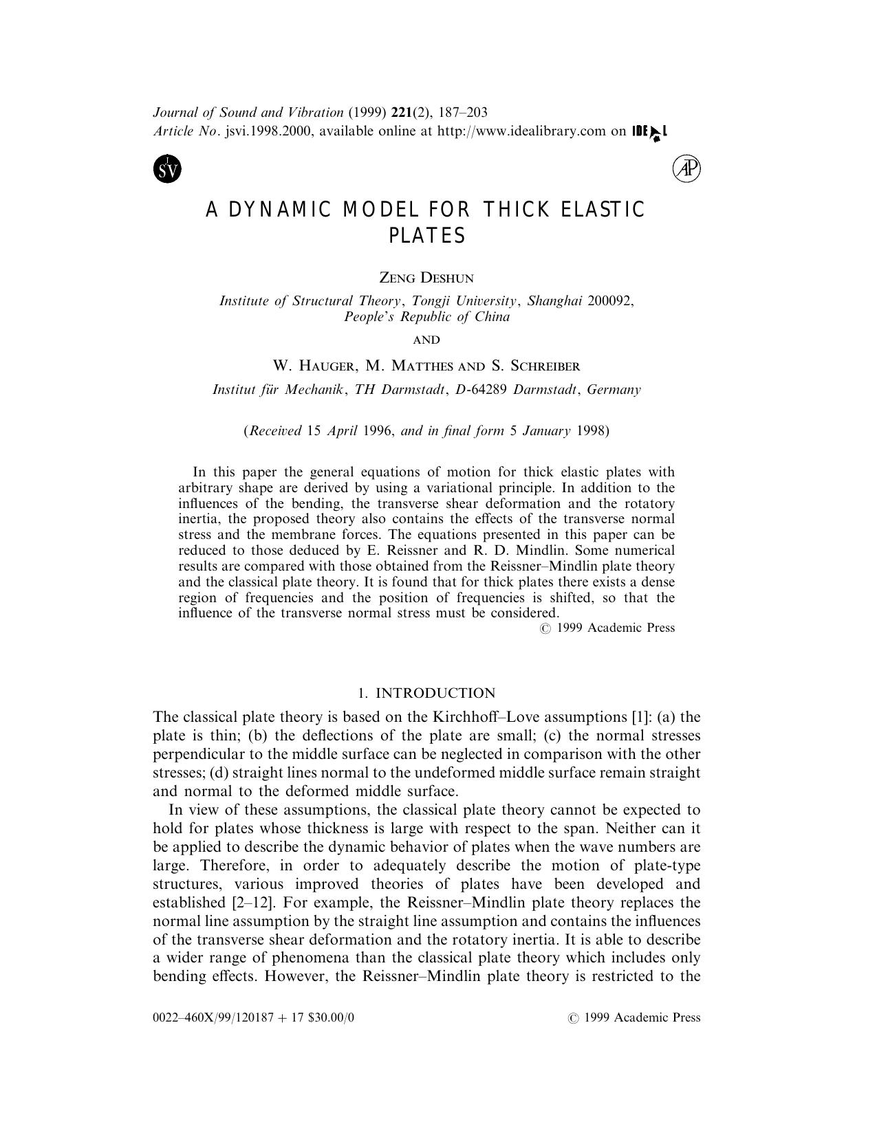 A Dynamic Model for Thick Elastic Plates by Deshun Z. et al