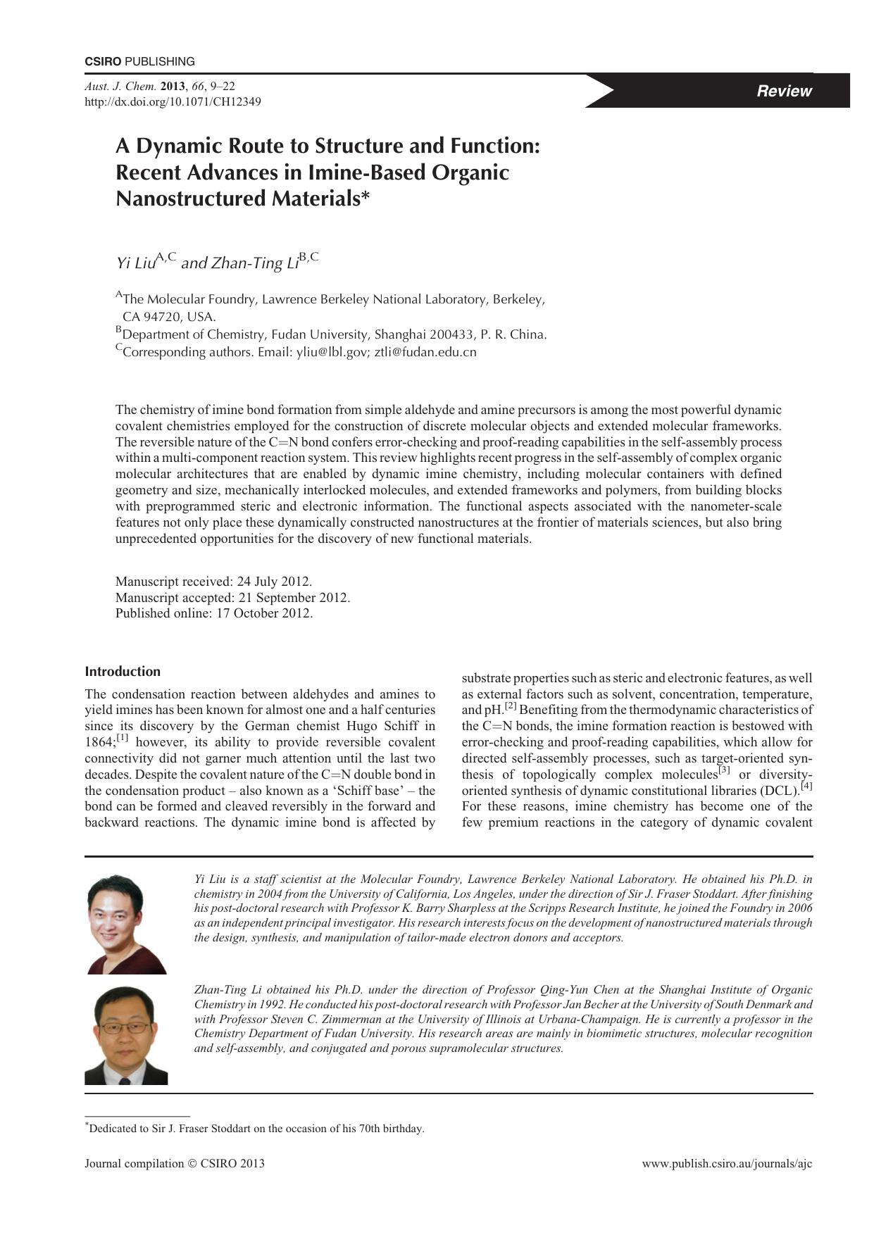 A Dynamic Route to Structure and Function: Recent Advances in Imine-Based Organic Nanostructured Materials* by Y. Liu and Z.-T. Li