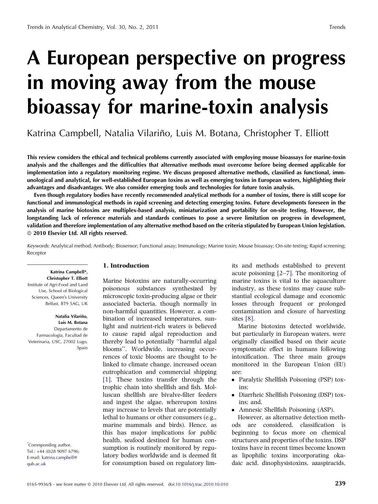 A European perspective on progress in moving away from the mouse bioassay for marine-toxin analysis by Katrina Campbell & Natalia Vilariño & Luis M. Botana & Christopher T. Elliott