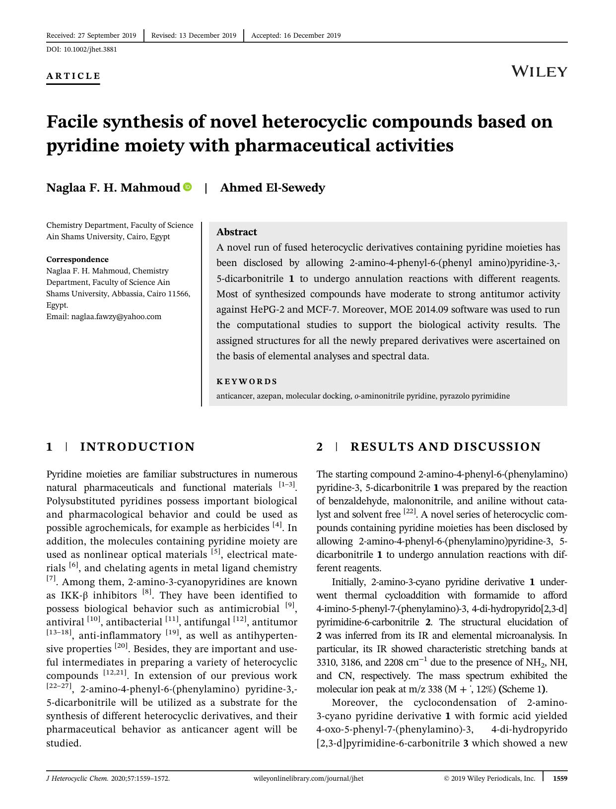 A FACILE SYNTHESIS OF NOVEL HETEROCYCLIC COMPOUNDS BASED ON PYRIDINE MOIETY WITH PHARMACEUTICAL ACTIVITIES by Unknown