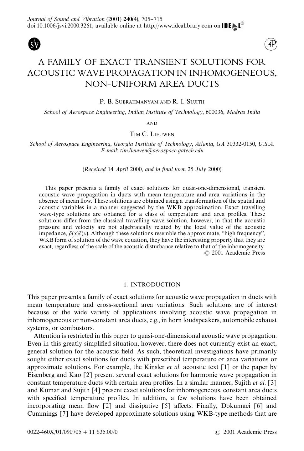 A FAMILY OF EXACT TRANSIENT SOLUTIONS FOR ACOUSTIC WAVE PROPAGATION IN INHOMOGENEOUS, NON-UNIFORM AREA DUCTS by SUBRAHMANYAM P. B. et al