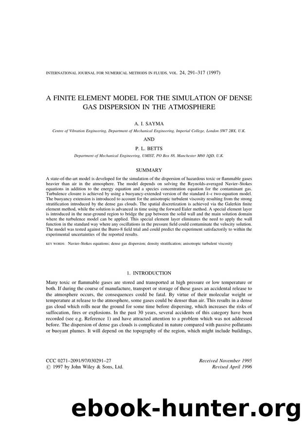 A FINITE ELEMENT MODEL FOR THE SIMULATION OF DENSE GAS DISPERSION IN THE ATMOSPHERE by Unknown