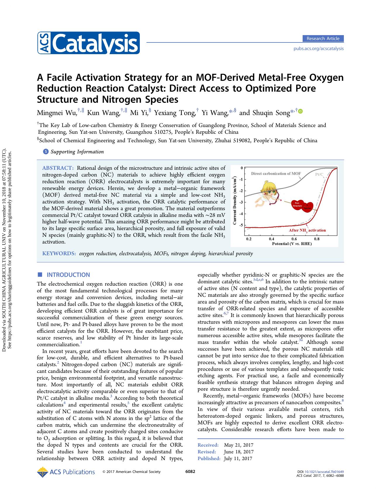 A Facile Activation Strategy for an MOF-Derived Metal-Free Oxygen Reduction Reaction Catalyst: Direct Access to Optimized Pore Structure and Nitrogen Species by Mingmei Wu Kun Wang Mi Yi Yexiang Tong Yi Wang & Shuqin Song