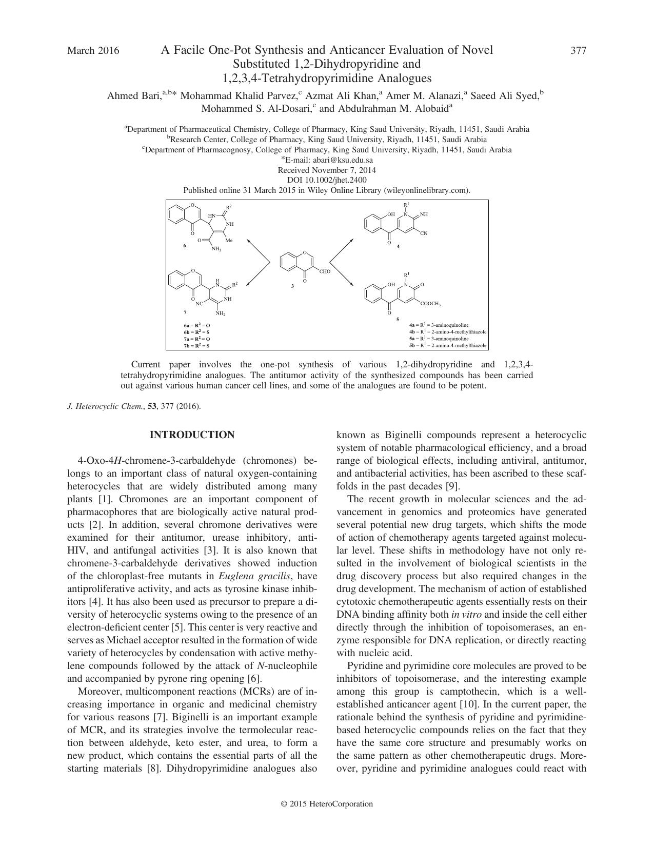 A Facile One-Pot Synthesis and Anticancer Evaluation of Novel Substituted 1,2-Dihydropyridine and 1,2,3,4-Tetrahydropyrimidine Analogues by unknow