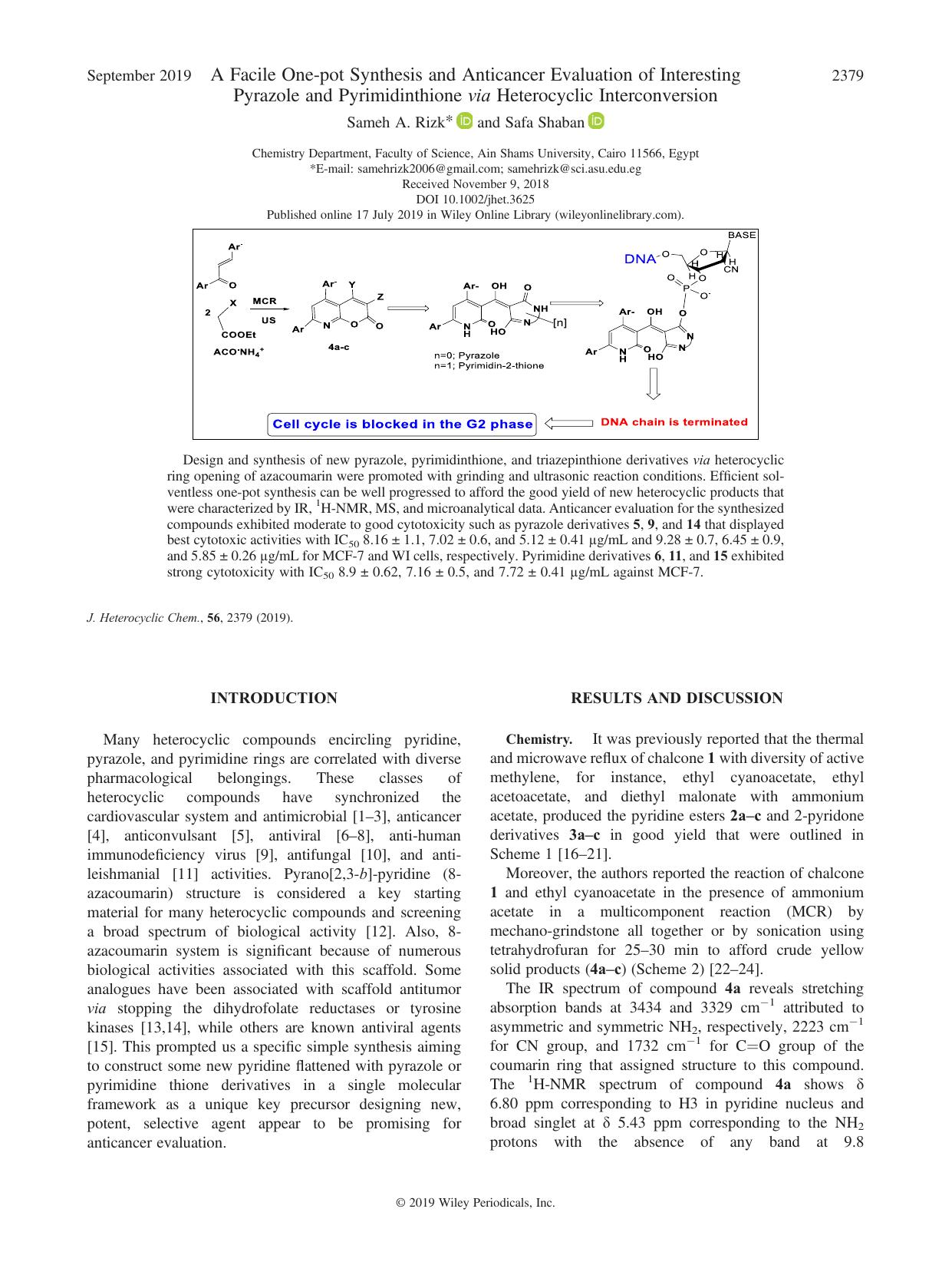 A Facile One-pot Synthesis and Anticancer Evaluation of Interesting Pyrazole and Pyrimidinthione via Heterocyclic Interconversion by Sameh A. Rizk & Safa Shaban