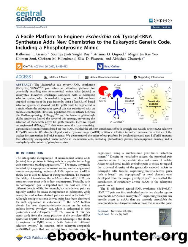A Facile Platform to Engineer Escherichia coli Tyrosyl-tRNA Synthetase Adds New Chemistries to the Eukaryotic Genetic Code, Including a Phosphotyrosine Mimic by unknow