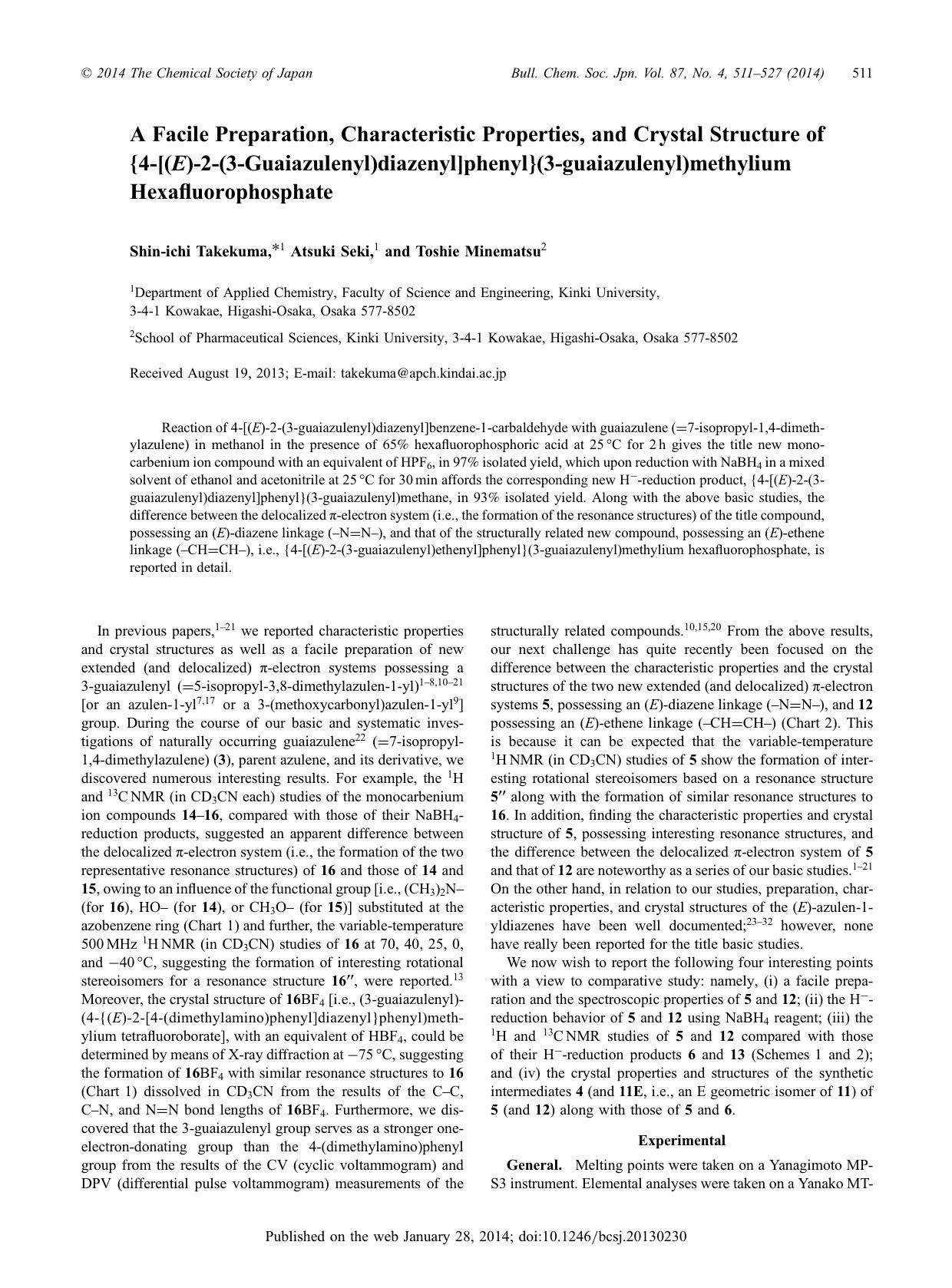 A Facile Preparation, Characteristic Properties, and Crystal Structure of {4-[(E)-2-(3-Guaiazulenyl)diazenyl]phenyl}(3-guaiazulenyl)methylium Hexafluorophosphate by Shin-ichi Takekuma Atsuki Seki Toshie Minematsu