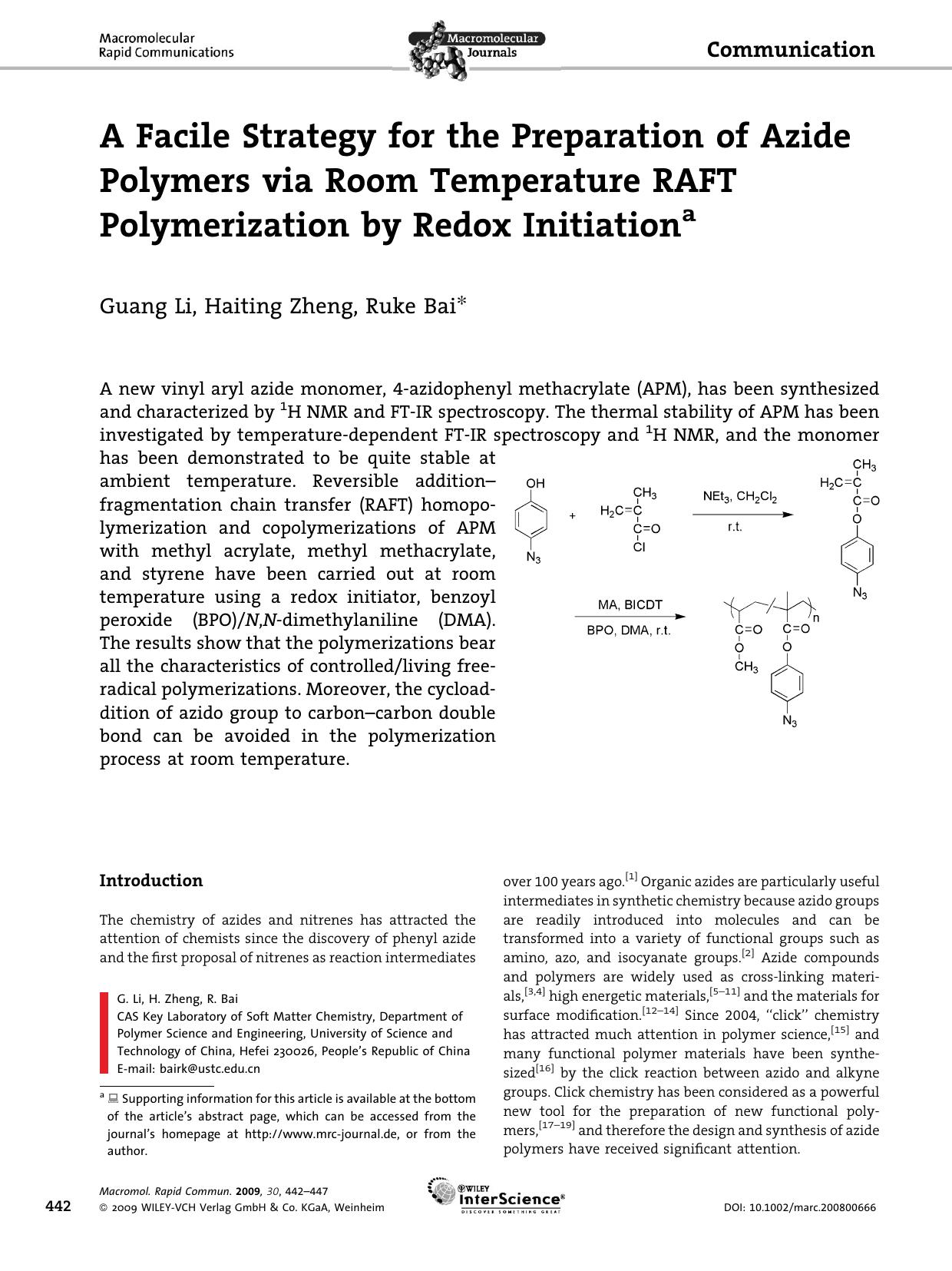 A Facile Strategy for the Preparation of Azide Polymers via Room Temperature RAFT Polymerization by Redox Initiation by Unknown