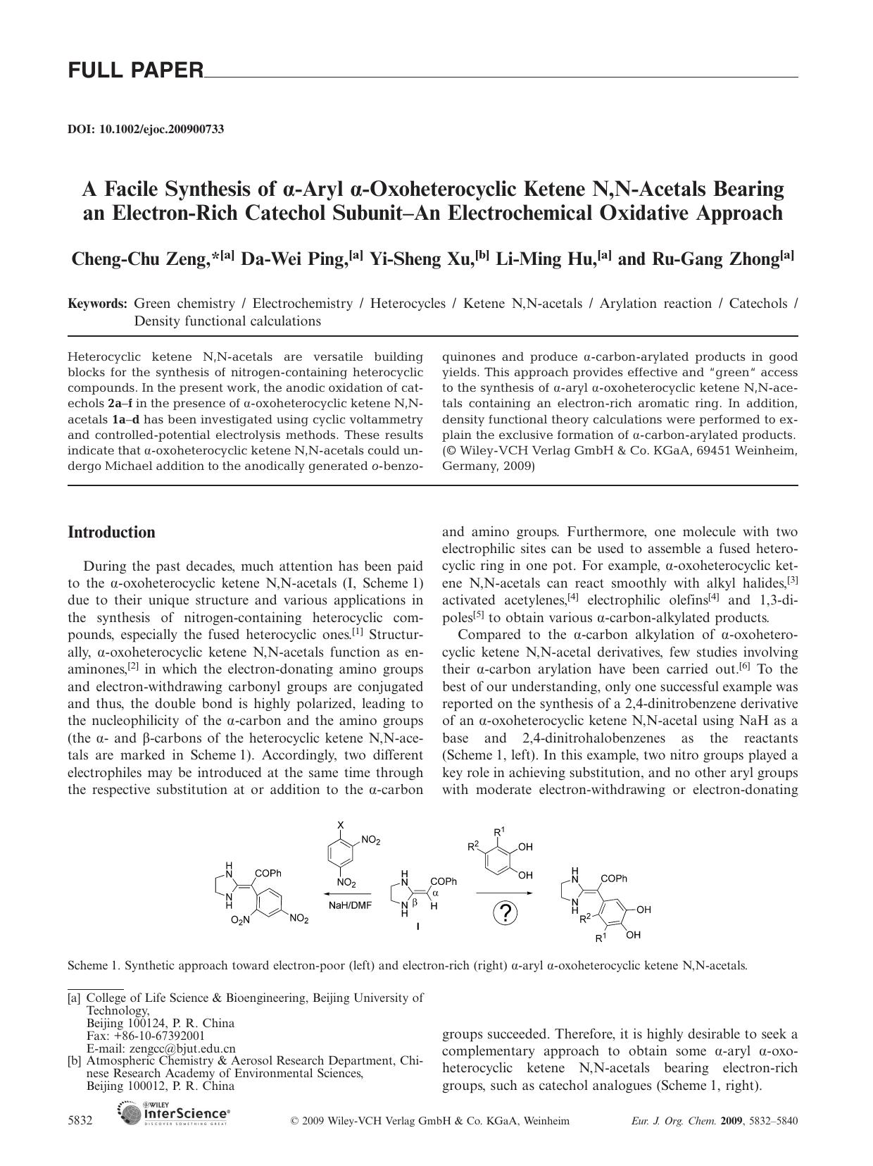 A Facile Synthesis of [alpha]-Aryl [alpha]-Oxoheterocyclic Ketene N,N-Acetals Bearing an Electron-Rich Catechol Subunit-An Electrochemical Oxidative Approach by Unknown